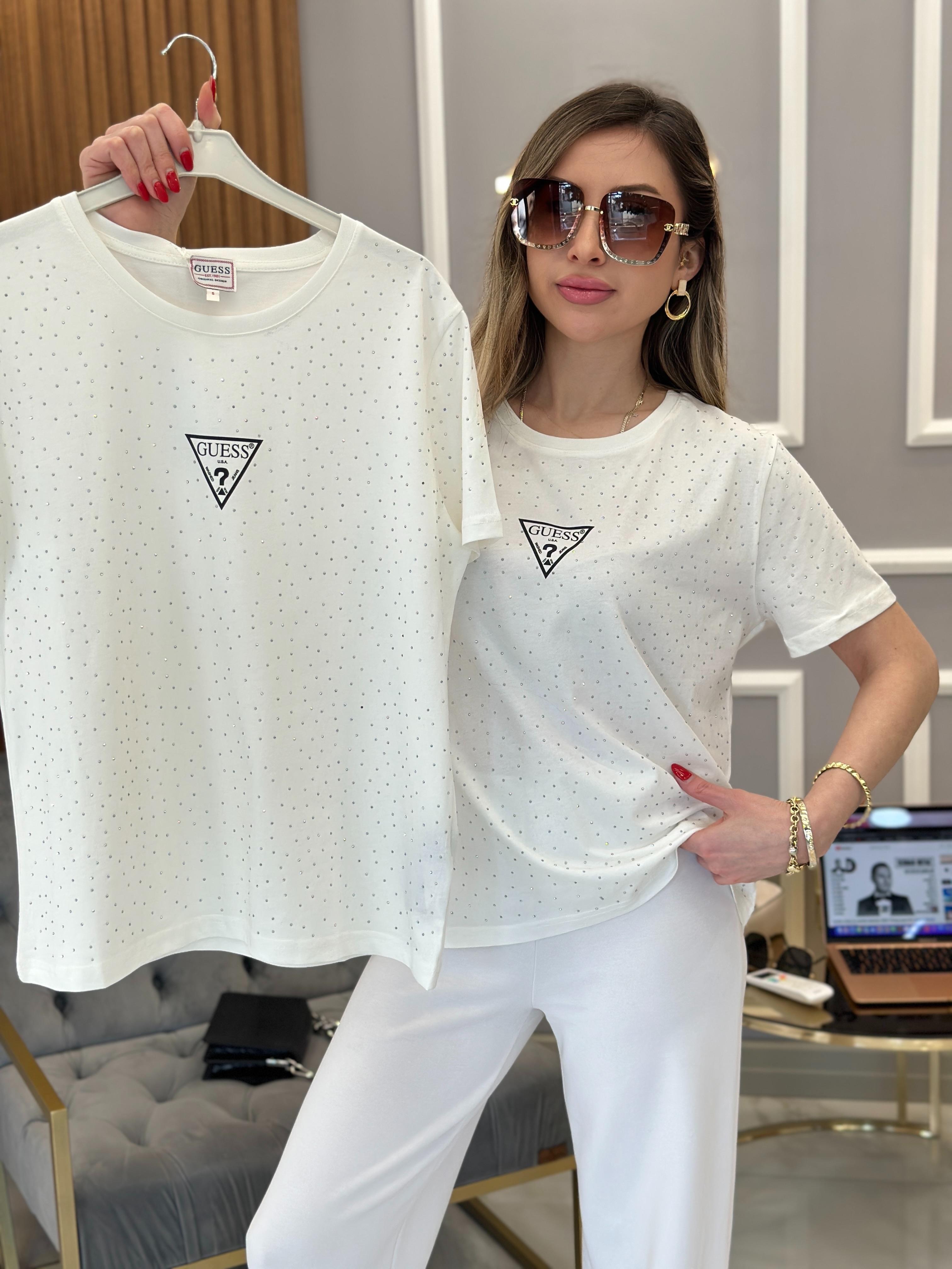 Gu T-shirt Serpme Taşlı Beyaz