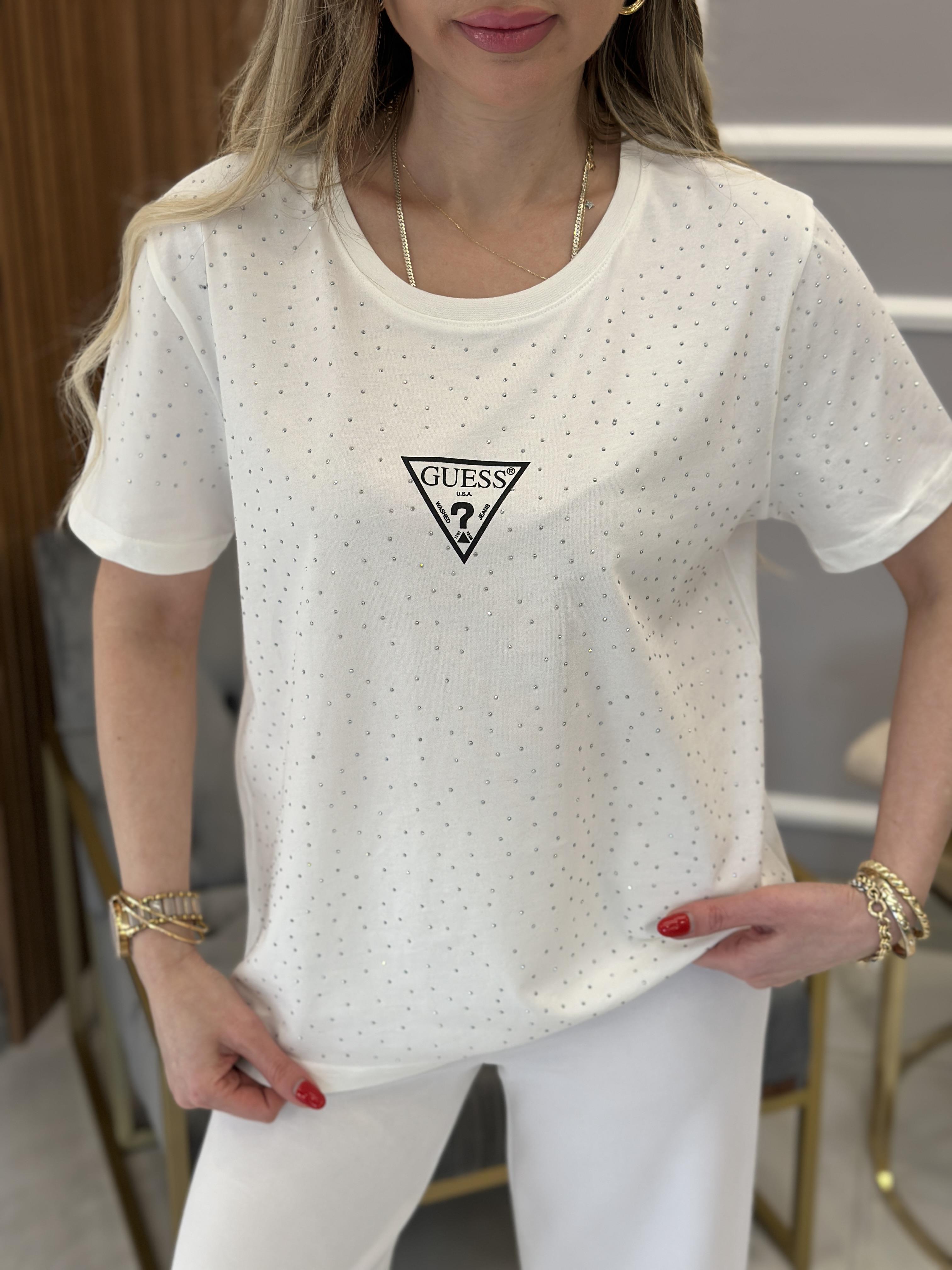 Gu T-shirt Serpme Taşlı Beyaz