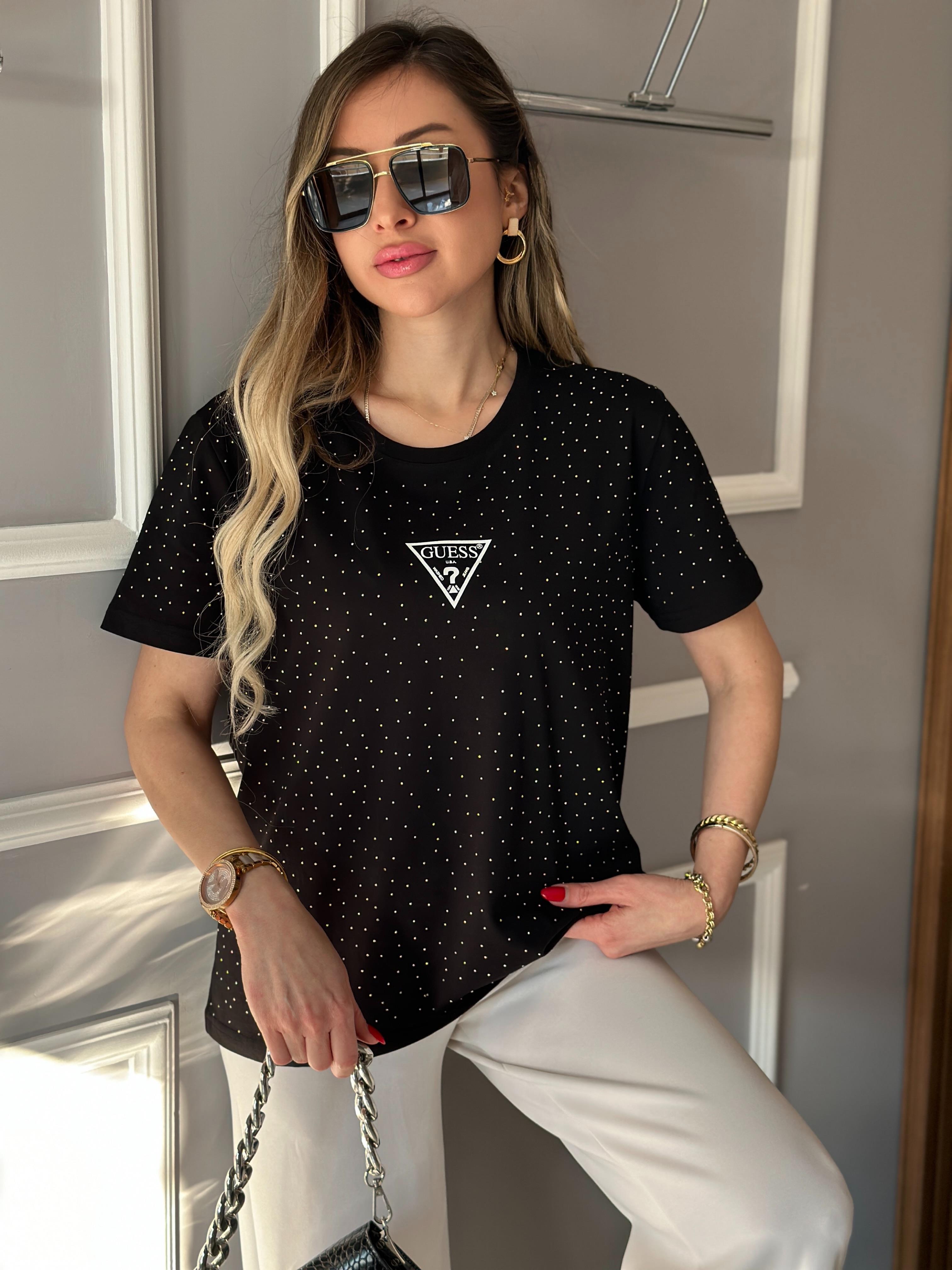 Gu T-shirt Serpme Taşlı Siyah