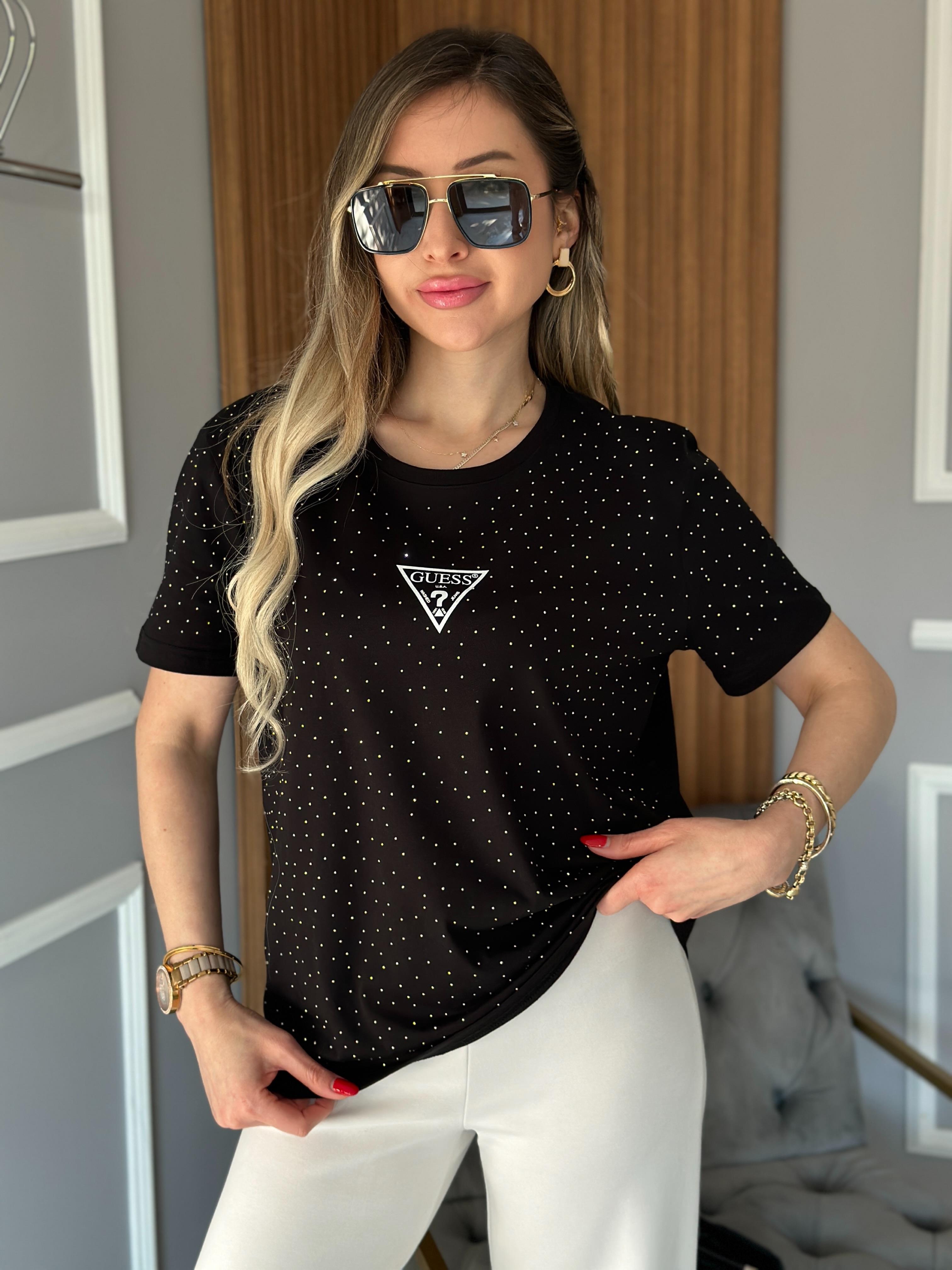Gu T-shirt Serpme Taşlı Siyah