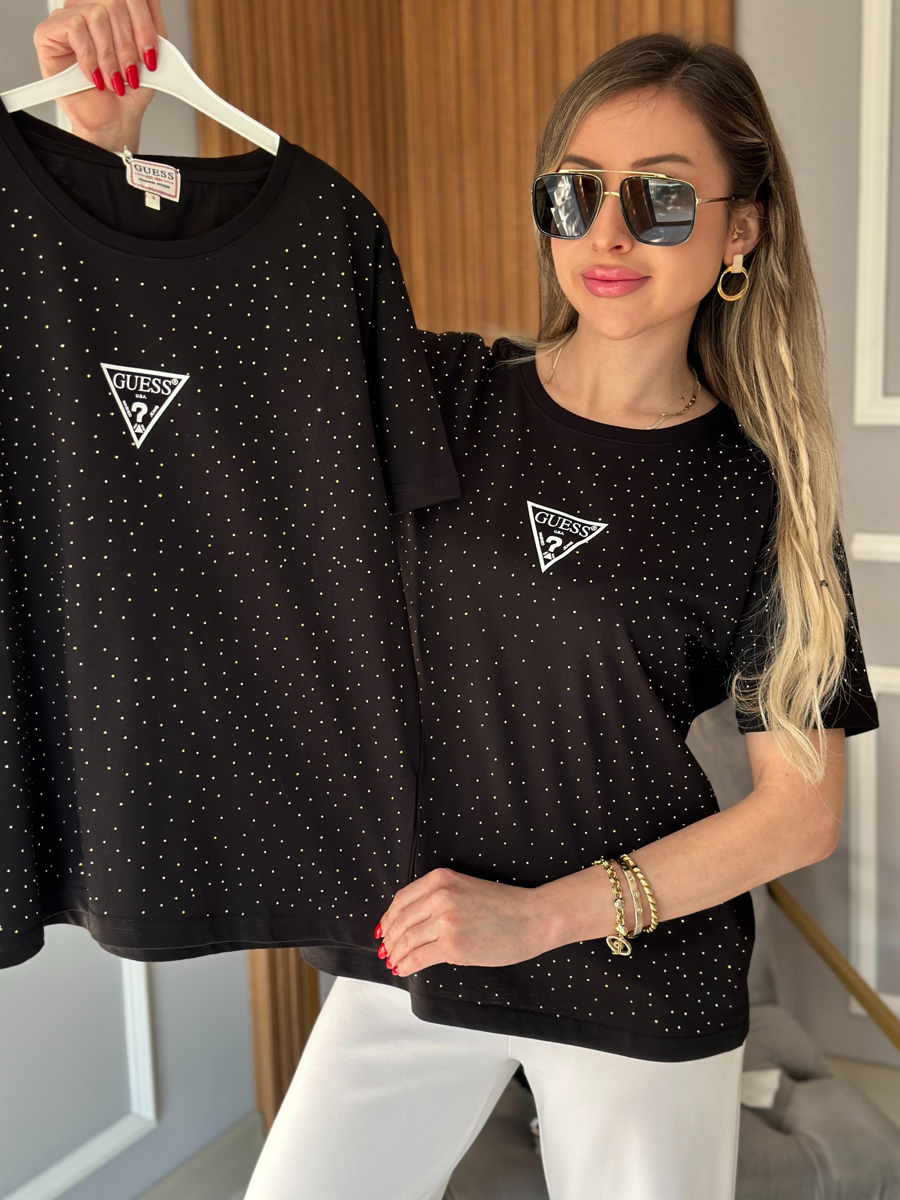 Gu T-shirt Serpme Taşlı Siyah