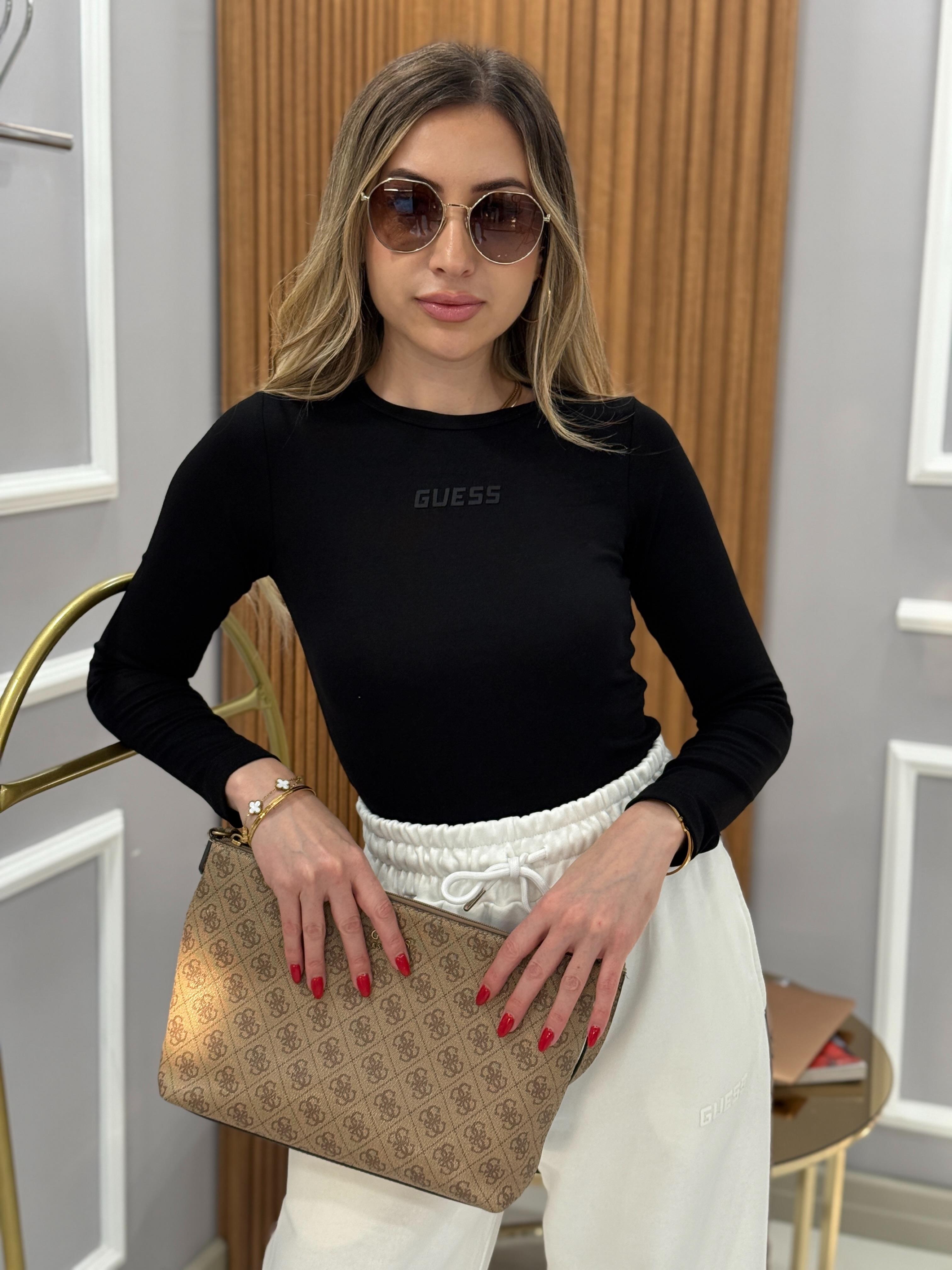 Gu Yazı Detaylı Likralı Bluz Siyah