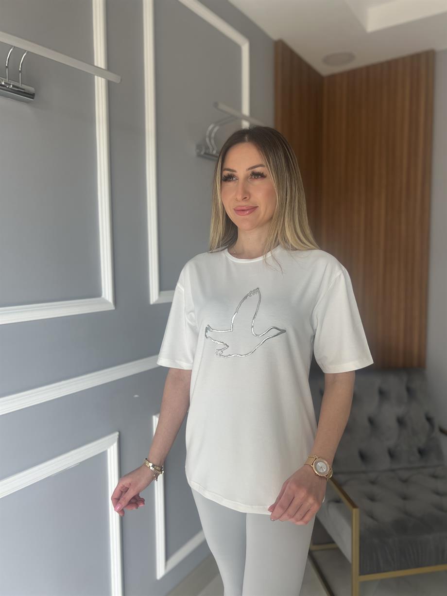 Gümüş Detaylı Tshirt Beyaz