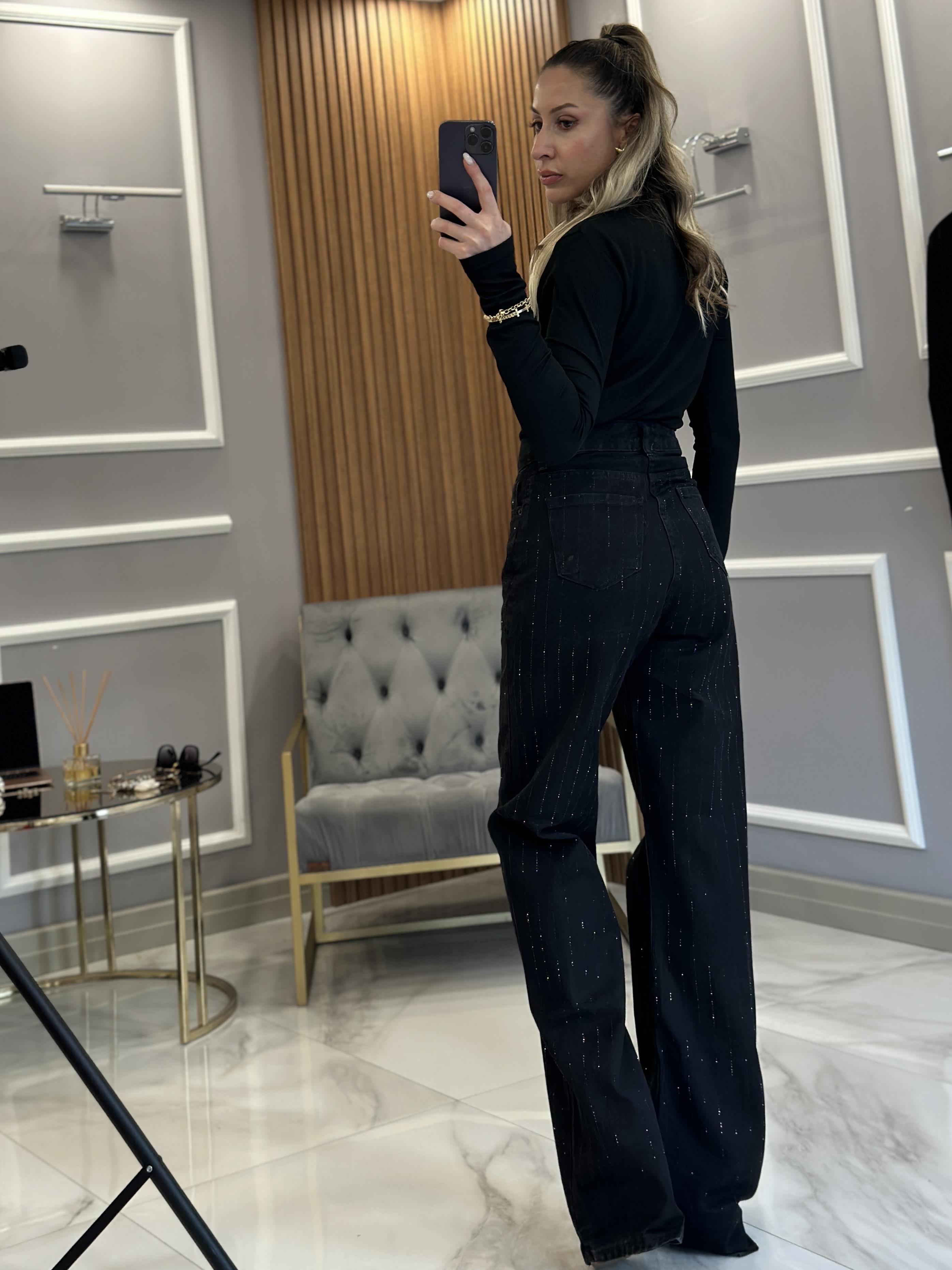 Jeans Taşlı Yüksek Bel Palazzo Siyah