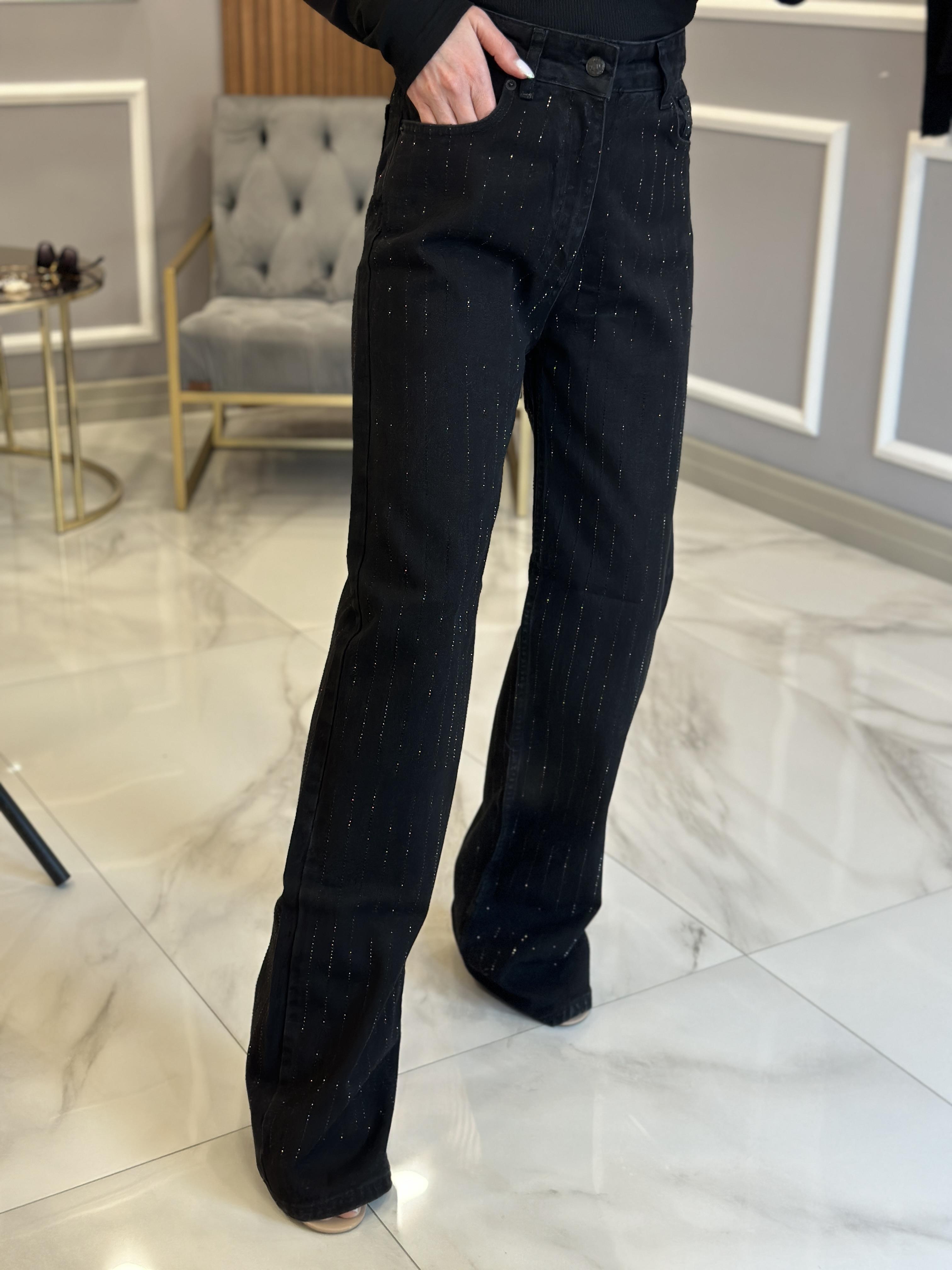 Jeans Taşlı Yüksek Bel Palazzo Siyah