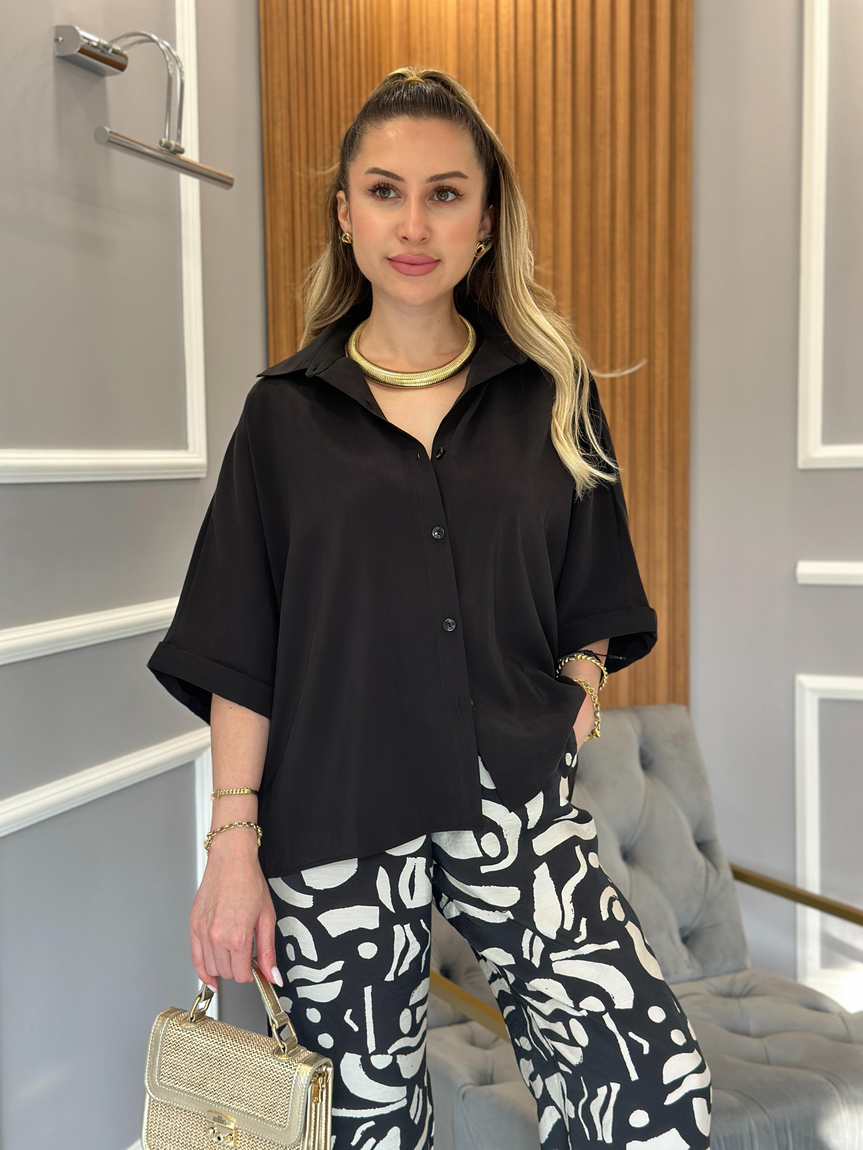 Karen Premium Takım Palazzo Capri Kol Gömlek Siyah