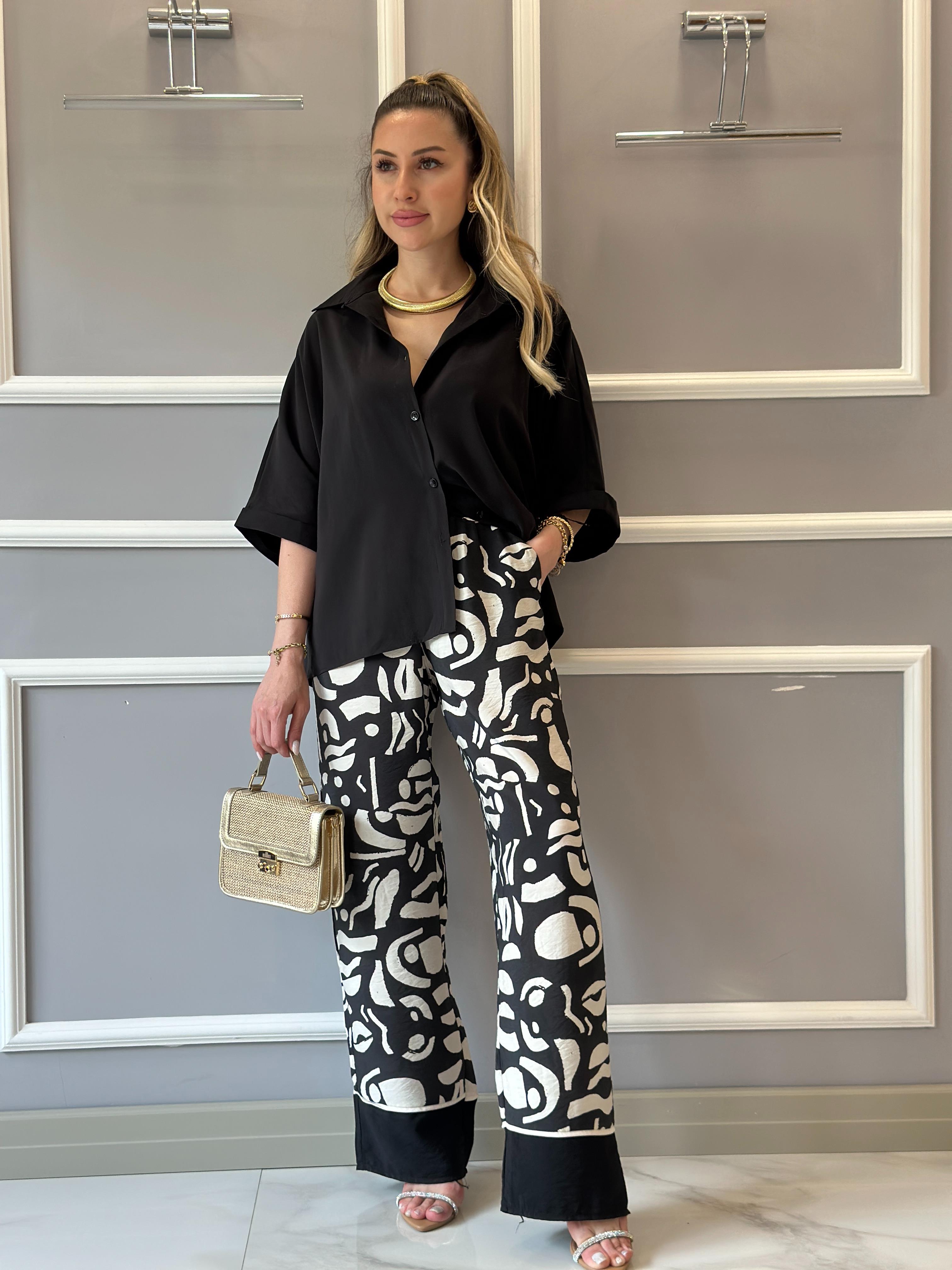 Karen Premium Takım Palazzo Capri Kol Gömlek Siyah