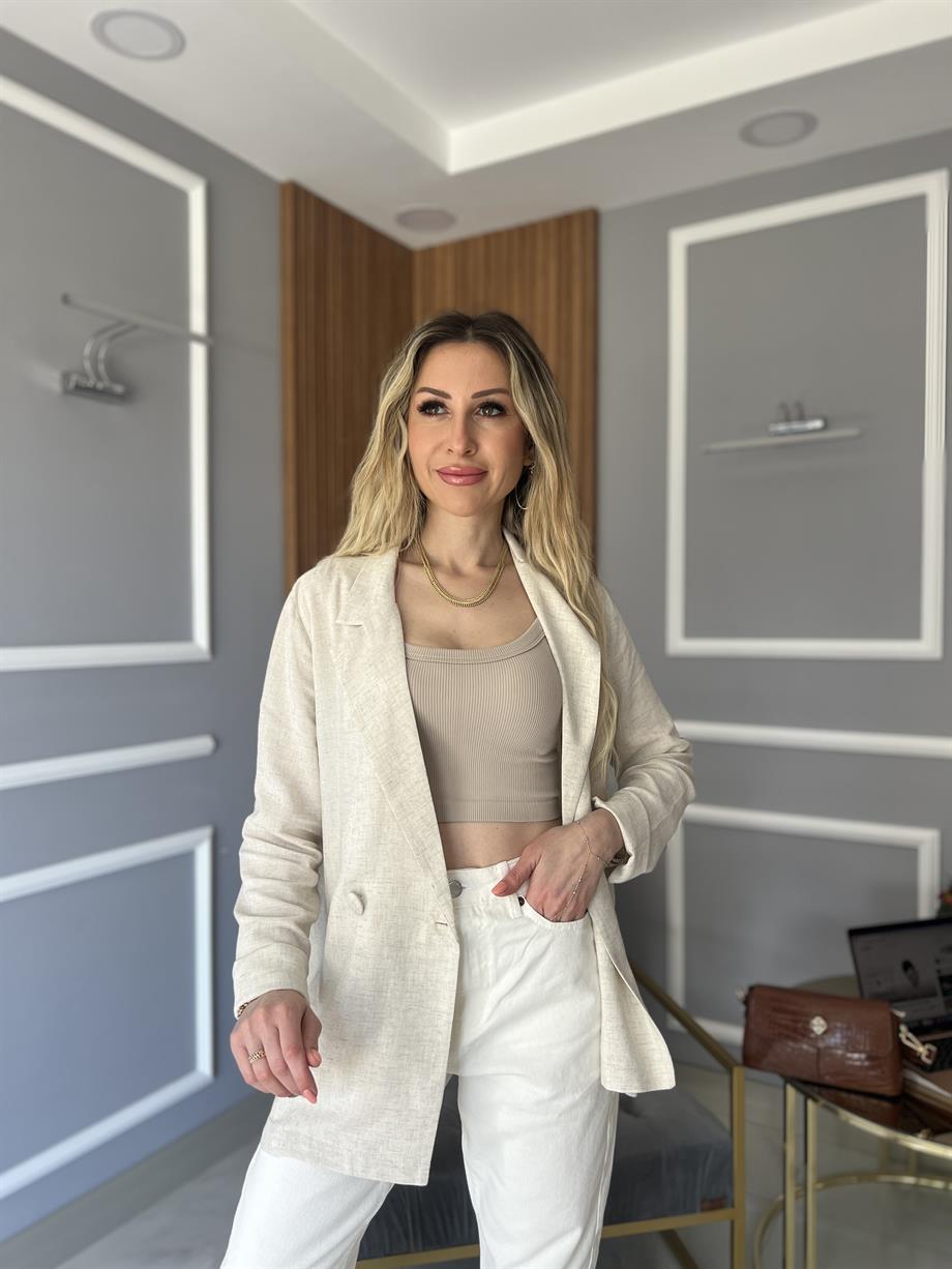 Keten Karışımlı Blazer Ceket Bej