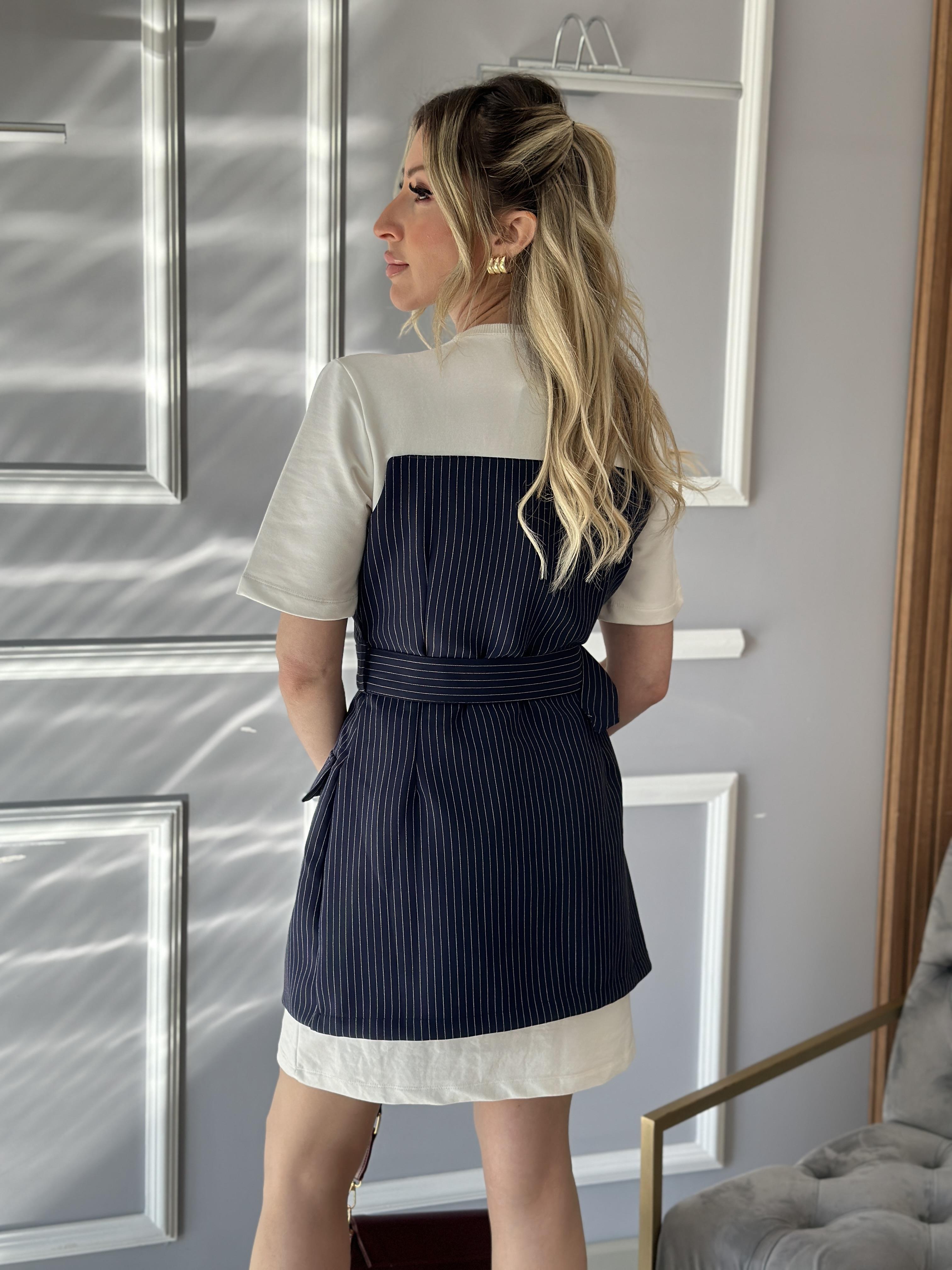 Lia Ceket Detaylı Elbise Kemerli Lacivet-Beyaz Mix Çizgili