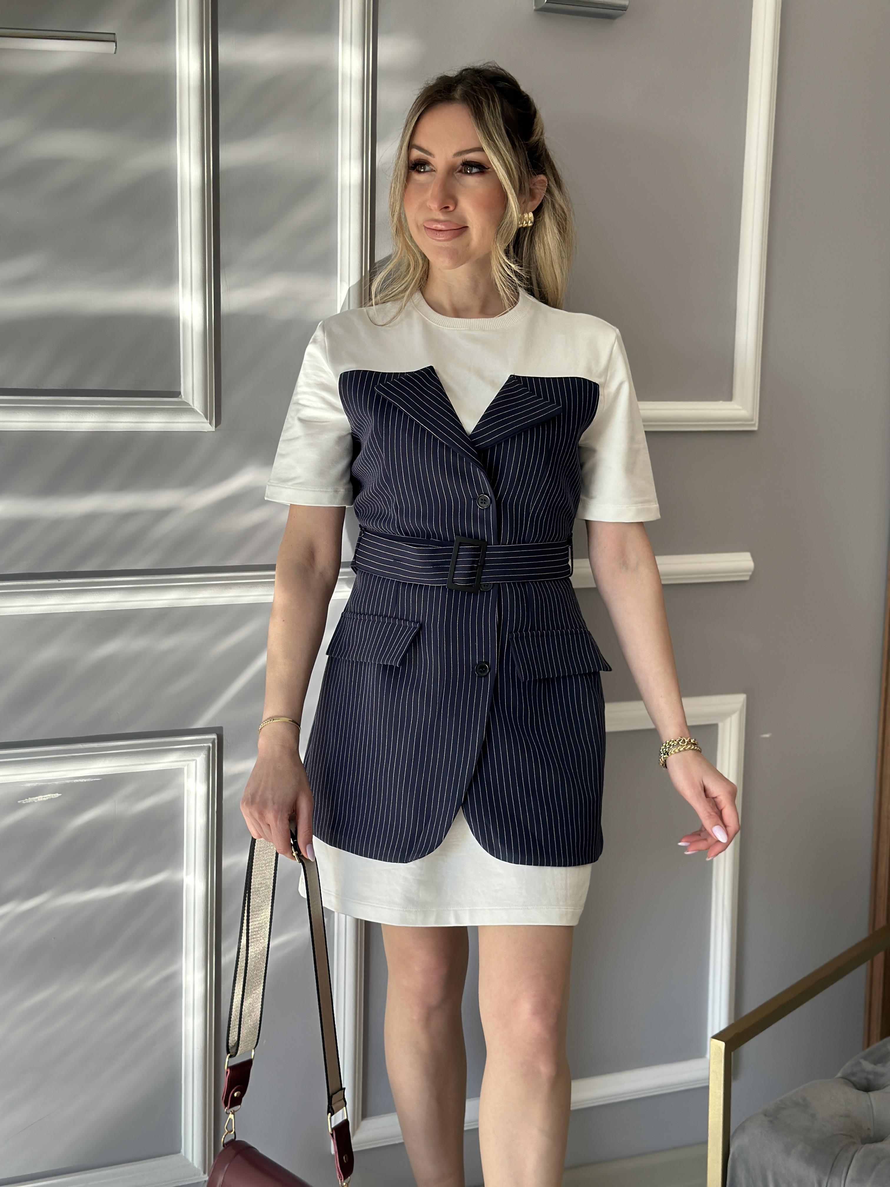 Lia Ceket Detaylı Elbise Kemerli Lacivet-Beyaz Mix Çizgili