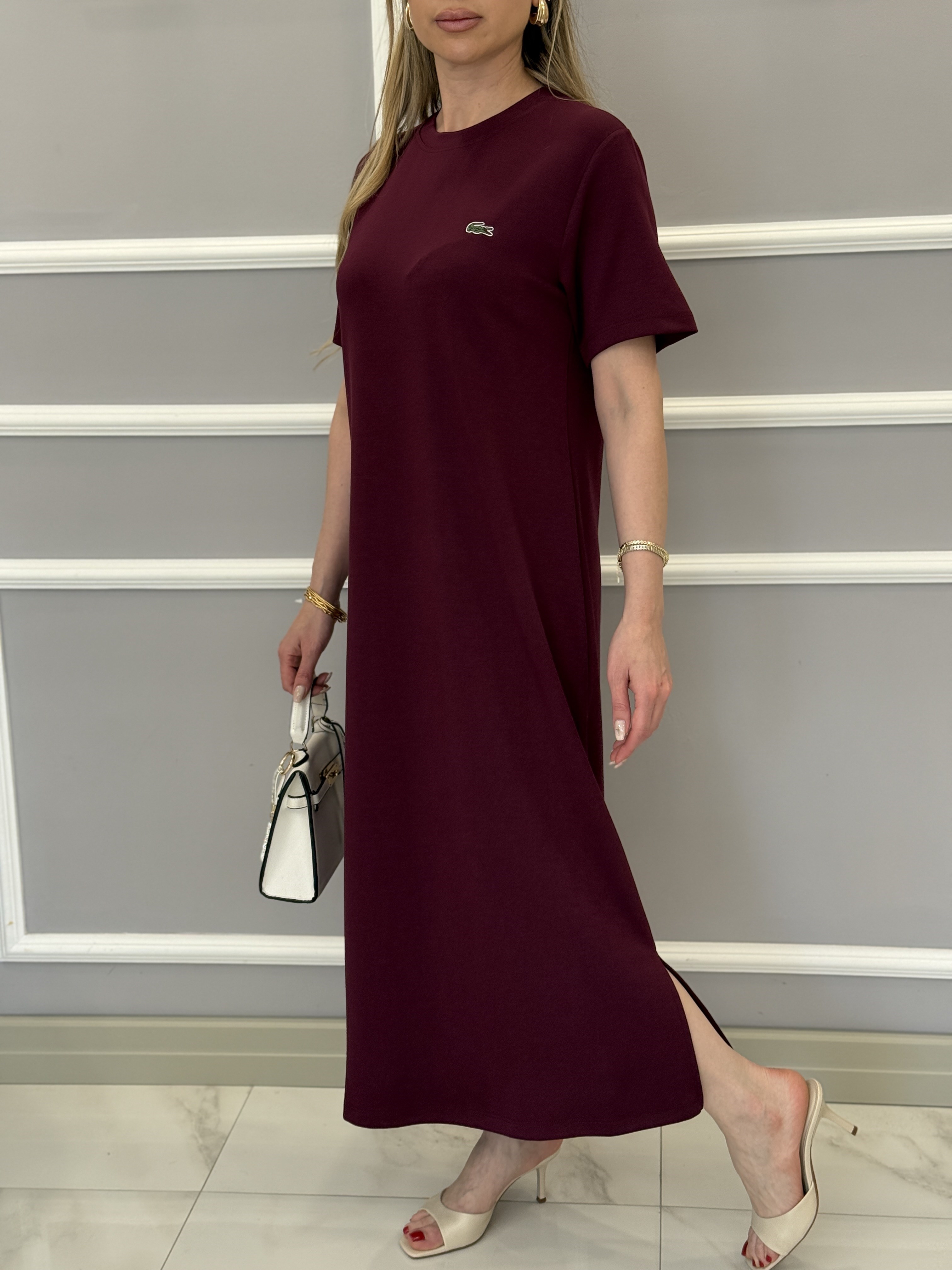 LT Premium Basic Modal Kumaş Yandan İki Yırtmaçlı Boyu 123 cm Bordo Elbise 
