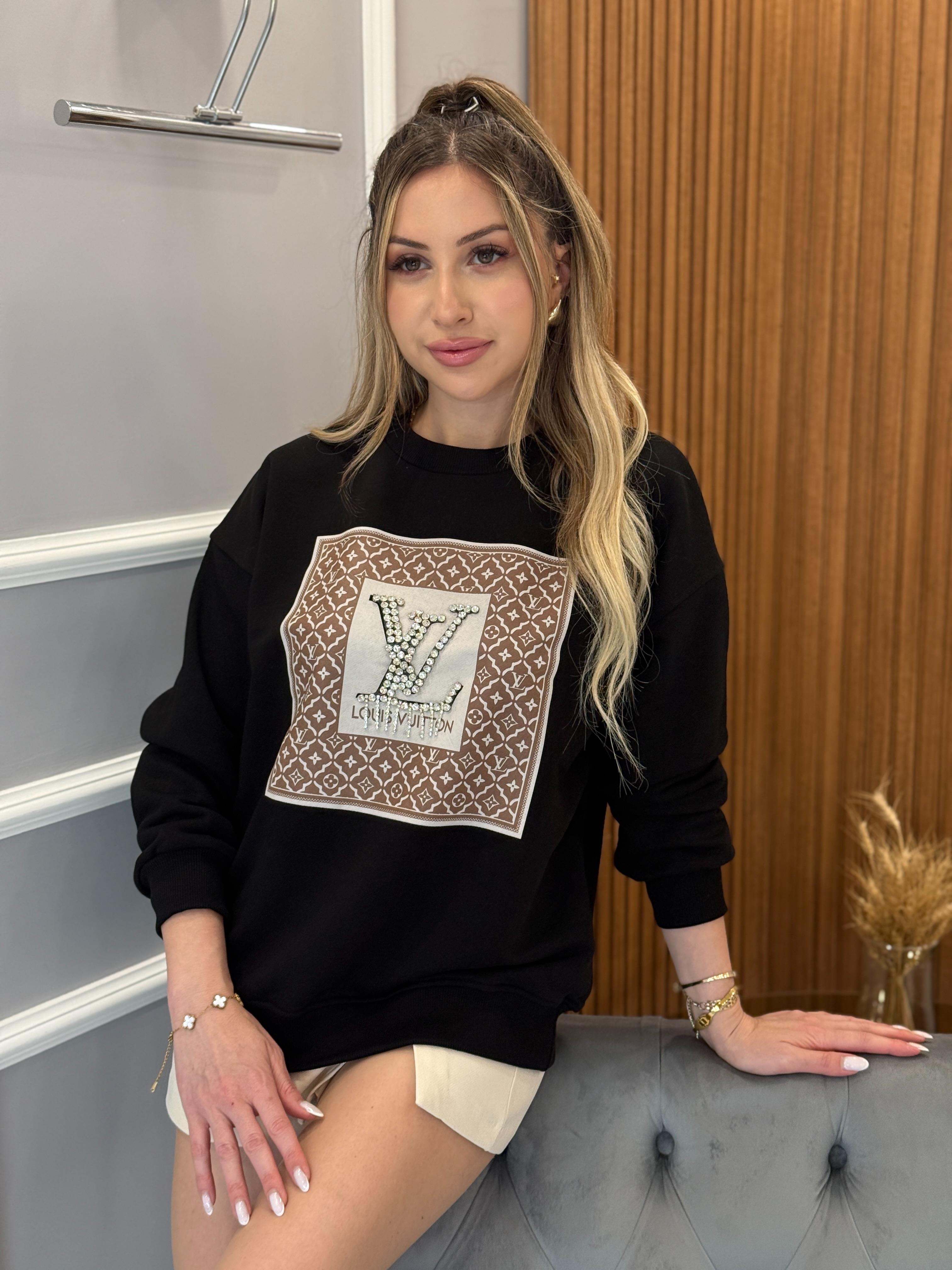 LV Taşlı Sweat Siyah Boyu 65 cm