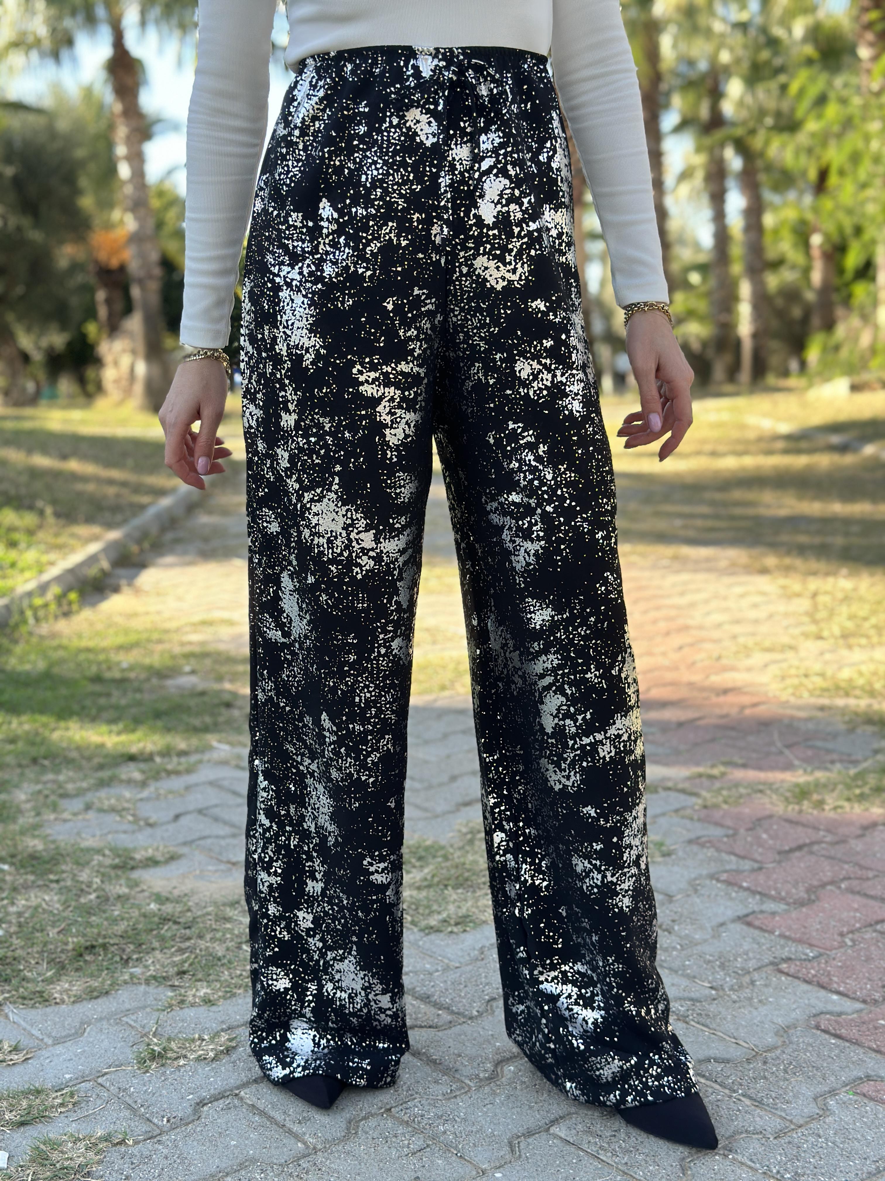 Pantolon Palazzo Siyah-Silver Glitter 