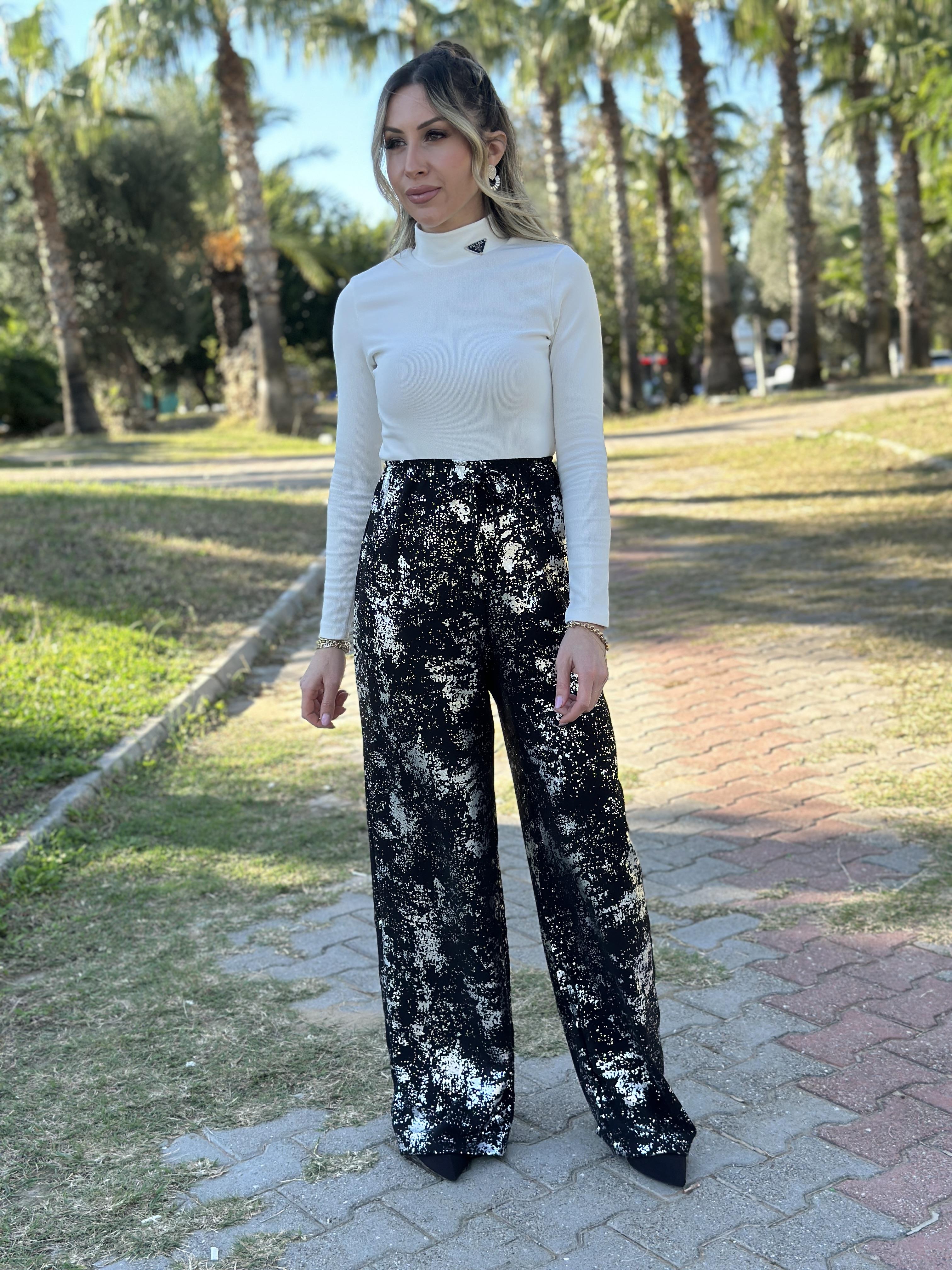 Pantolon Palazzo Siyah-Silver Glitter 