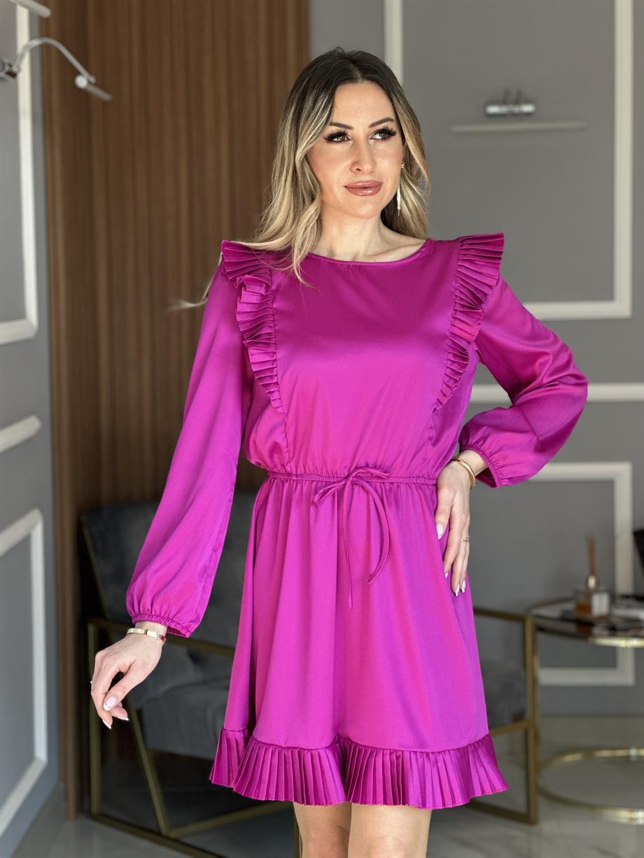 Piliseli Saten Elbise Fuşya