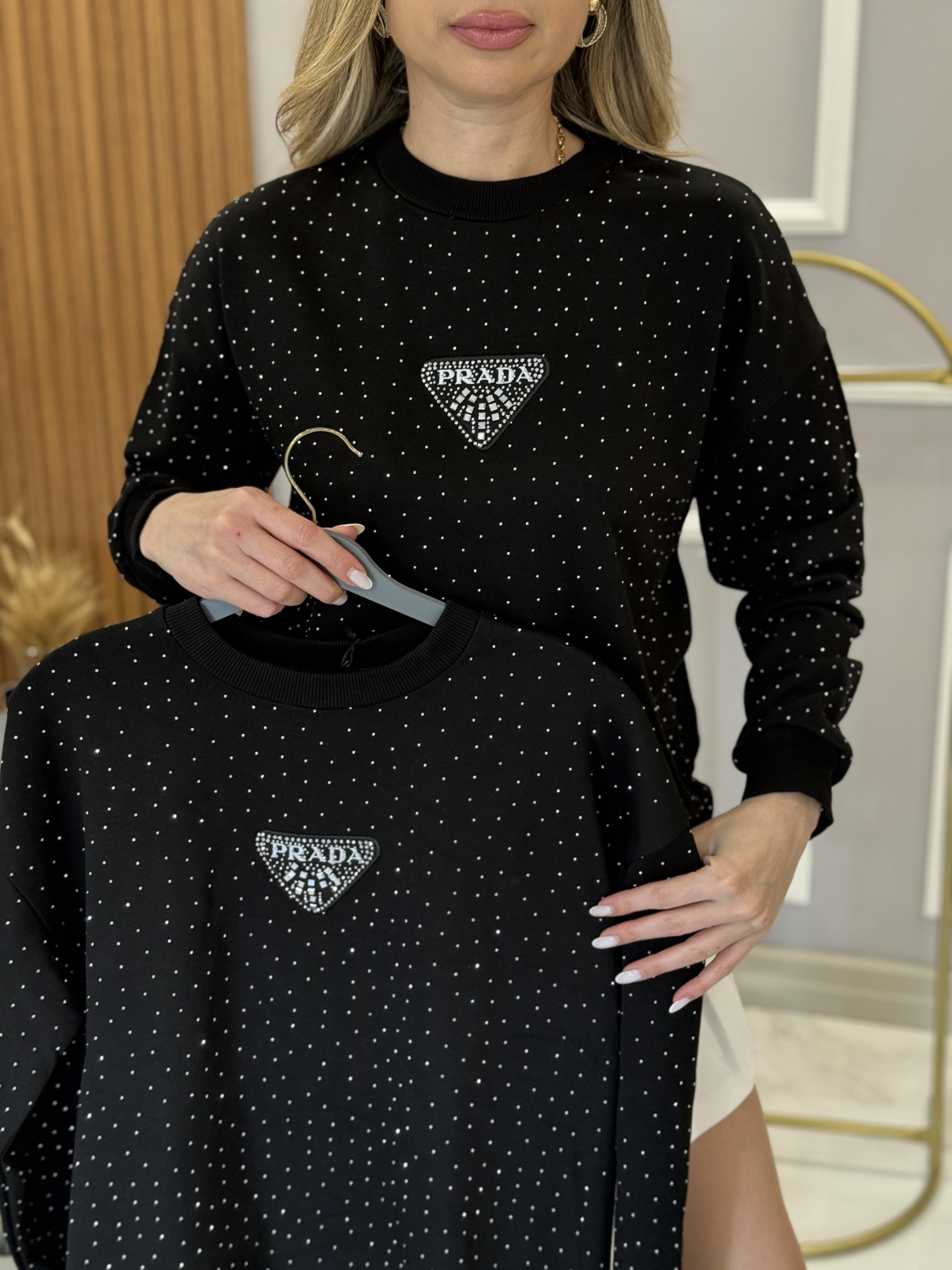 PR Siyah Serpme Taşlı Üçgen Detaylı Boyu 60 cm Sweat 