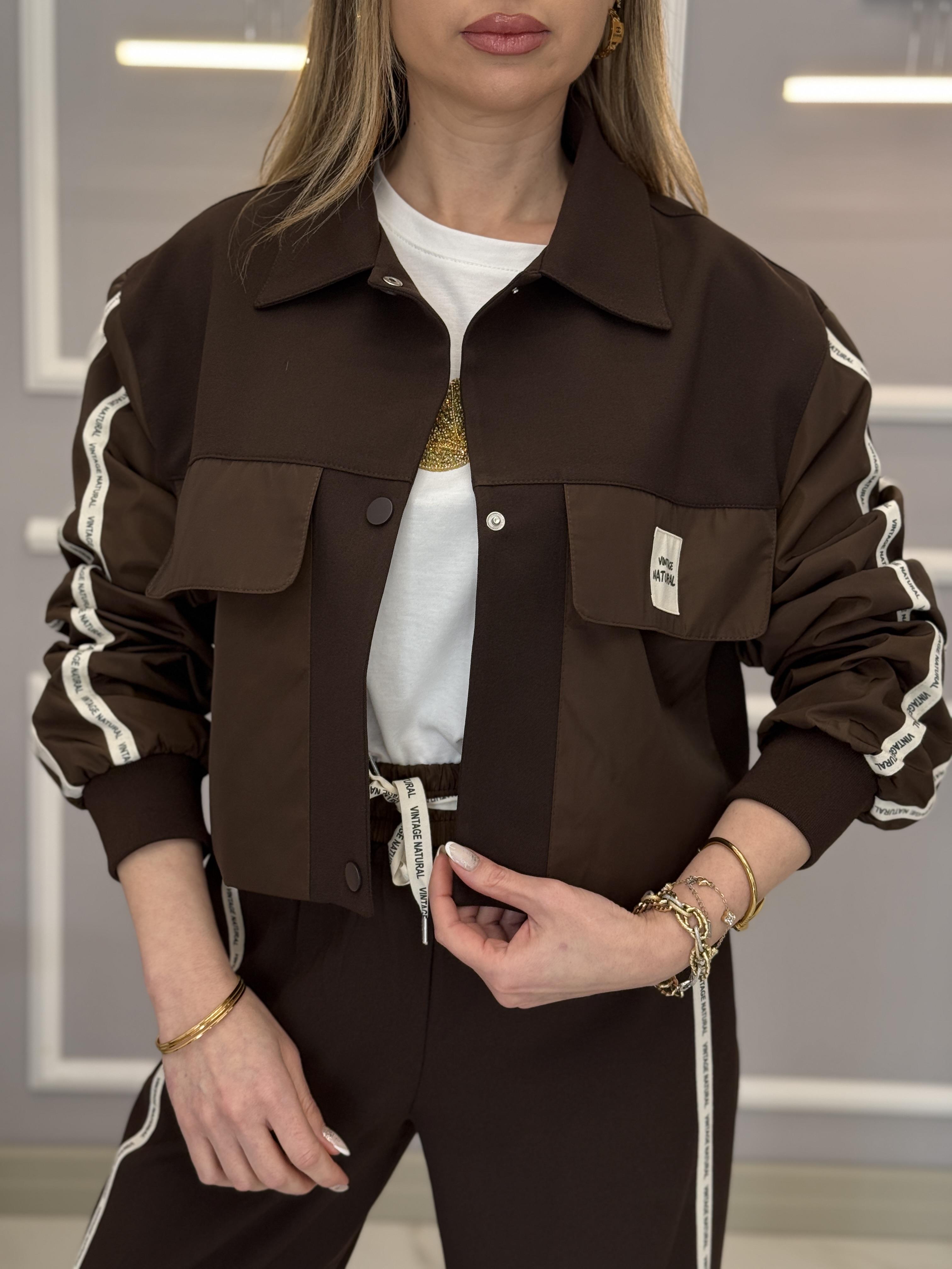 Premium Bomber Yan Şeritli Kahverengi Ceket 