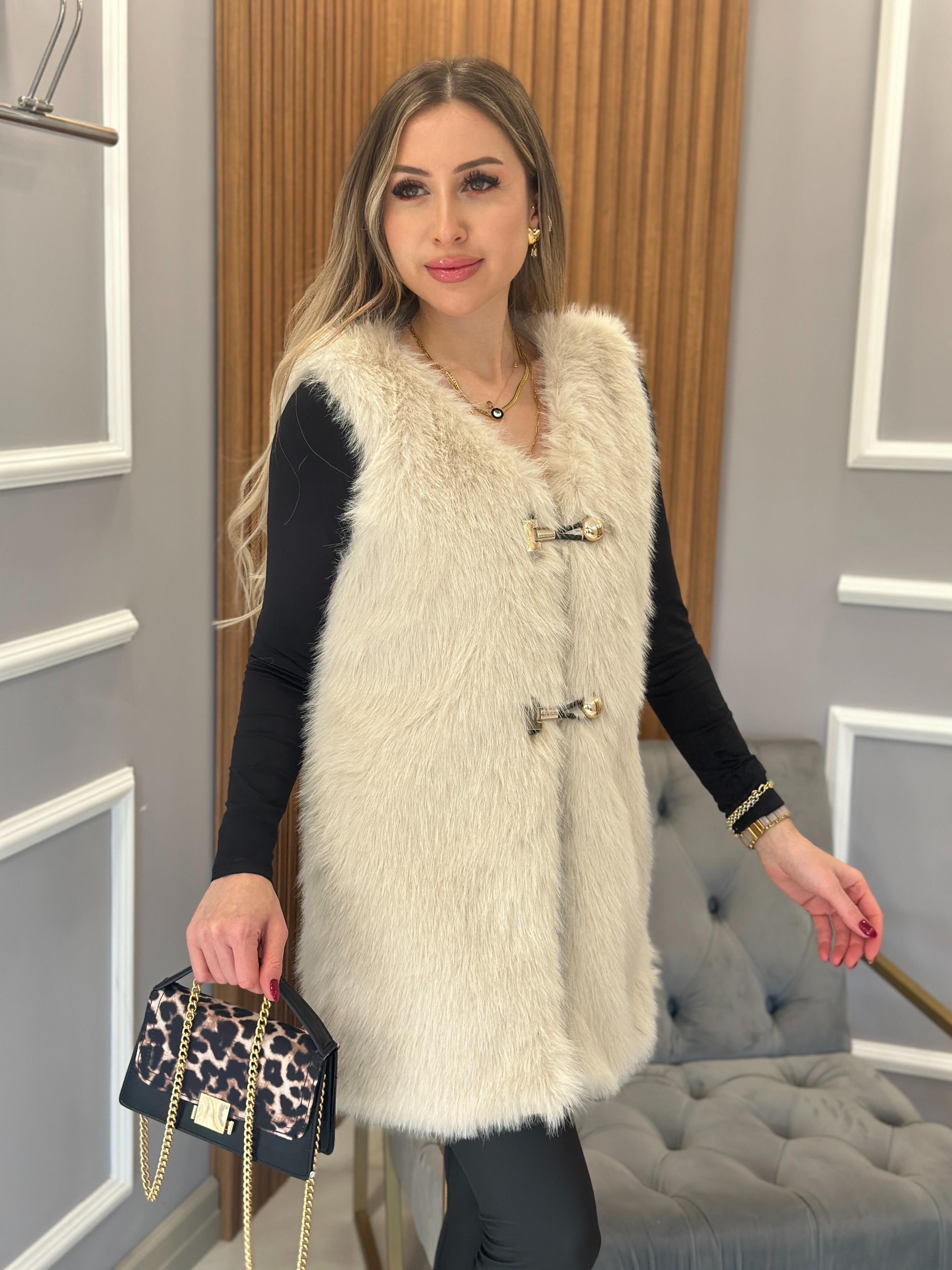 Premium Kürk Yelek Gold Düğmeli Maxi Boy  Krem