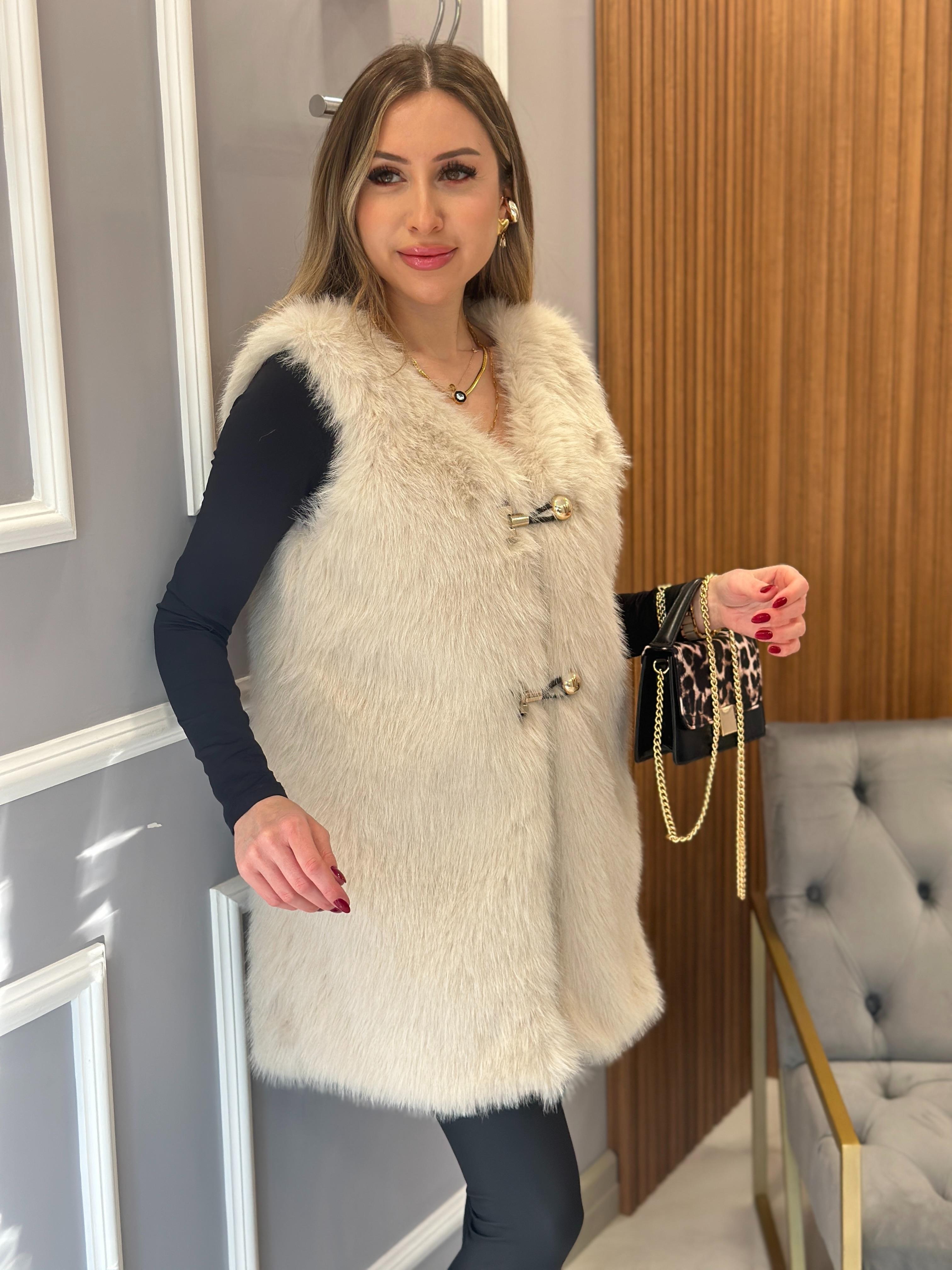 Premium Kürk Yelek Gold Düğmeli Maxi Boy  Krem