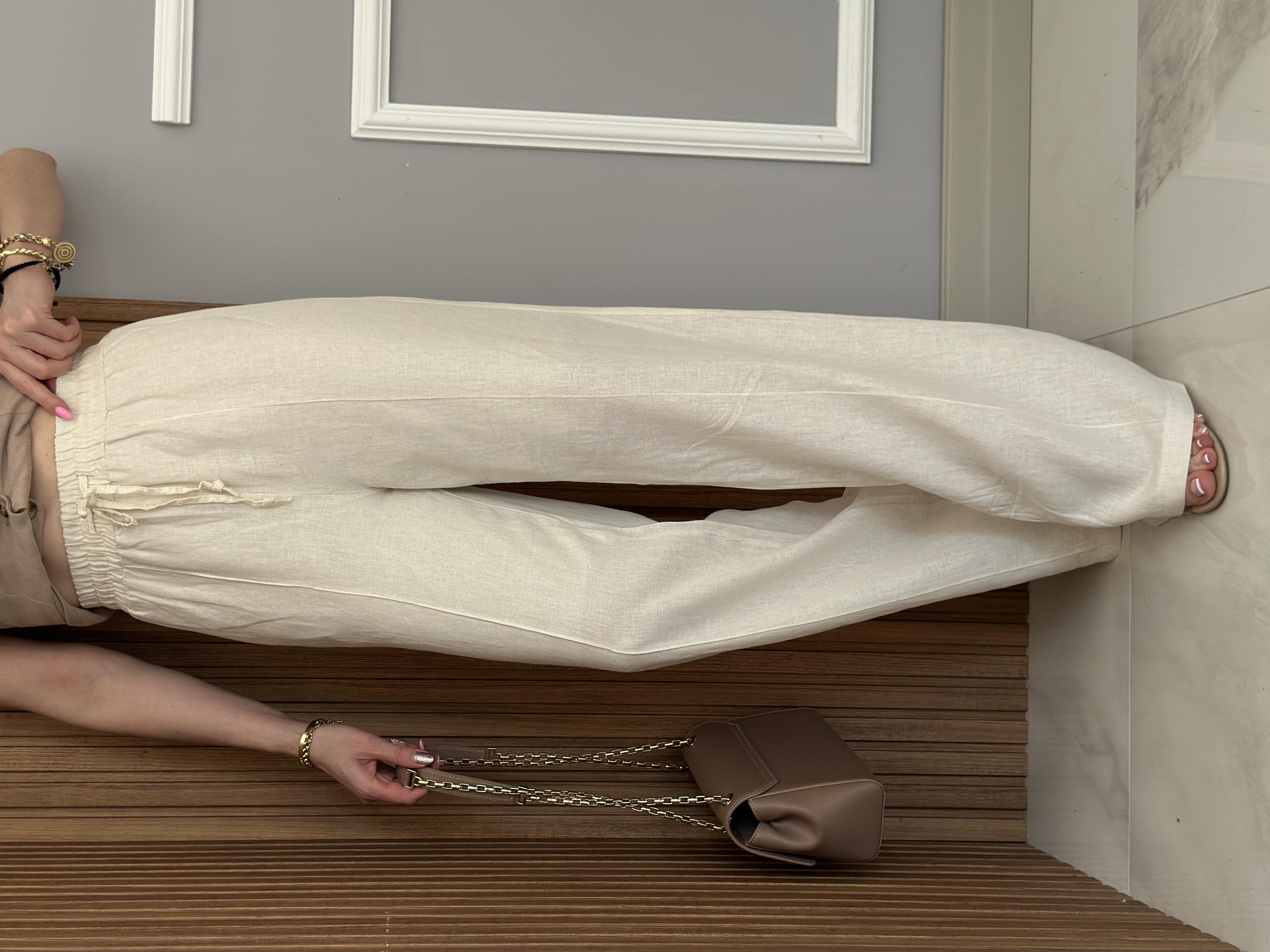 Premium Pantolon Keten İçi Astarlı Palozzo Krem