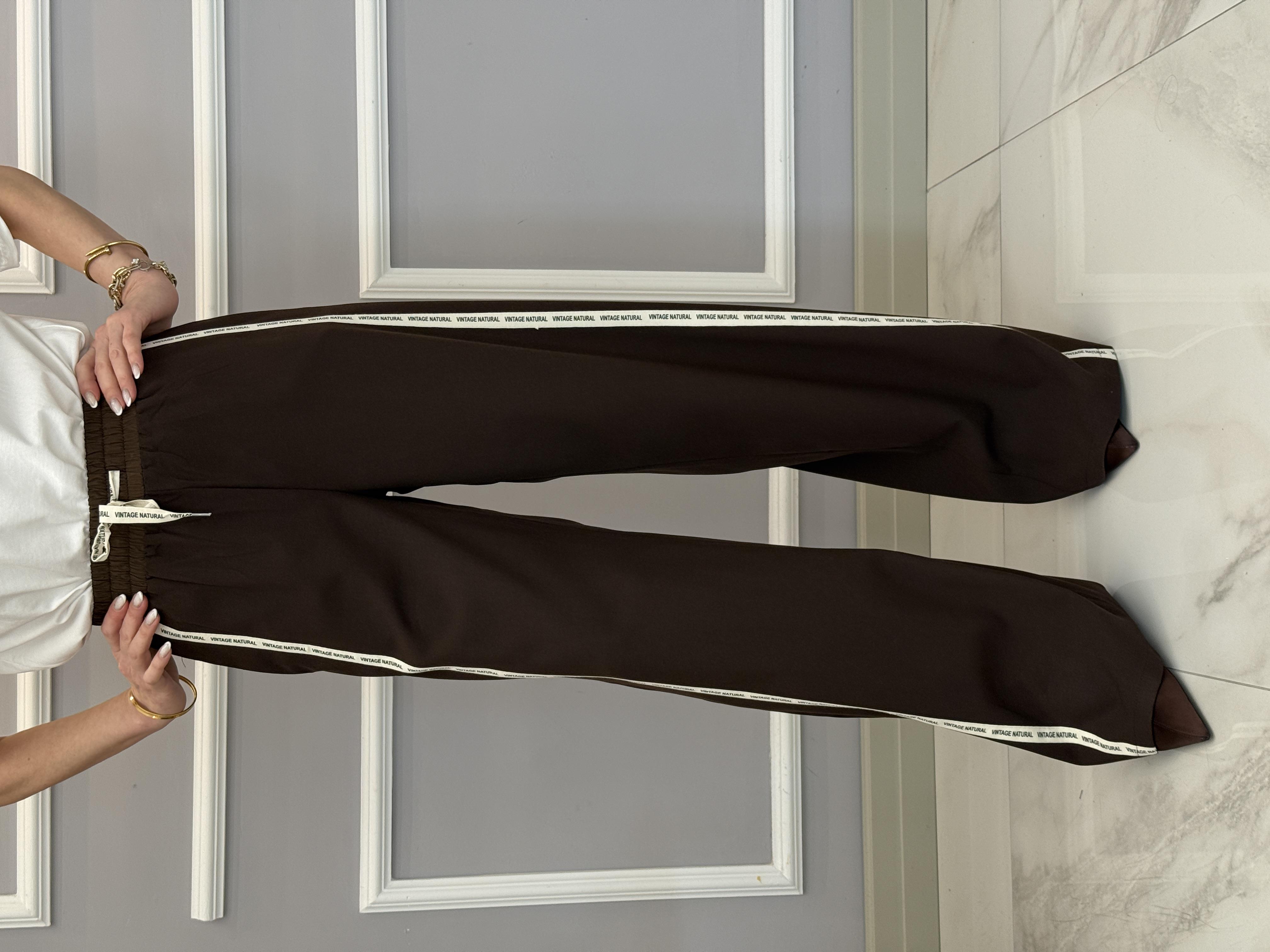 Premium Yan Şeritli Palazzo Kahverengi Pantolon