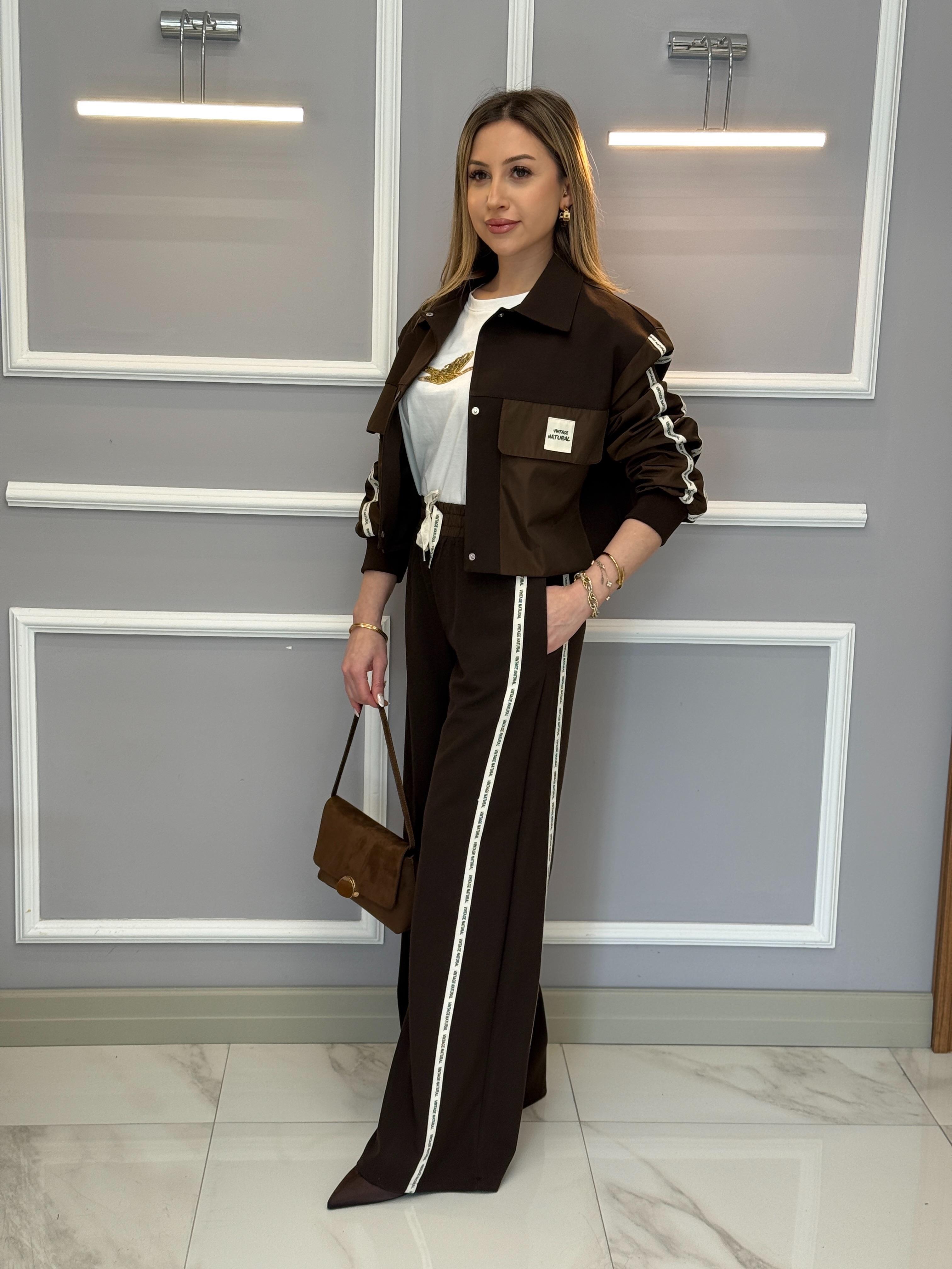 Premium Yan Şeritli Palazzo Kahverengi Pantolon