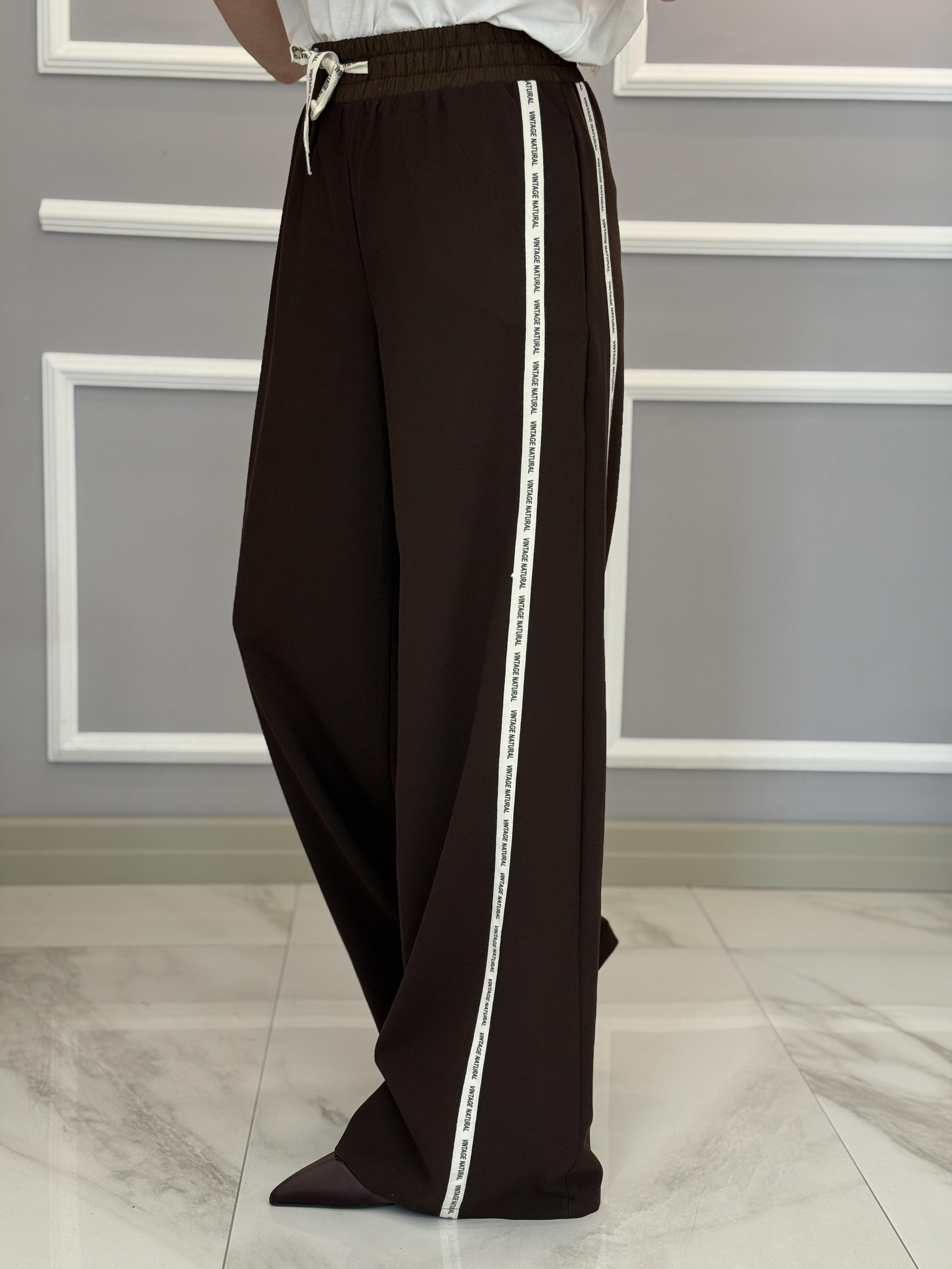 Premium Yan Şeritli Palazzo Kahverengi Pantolon