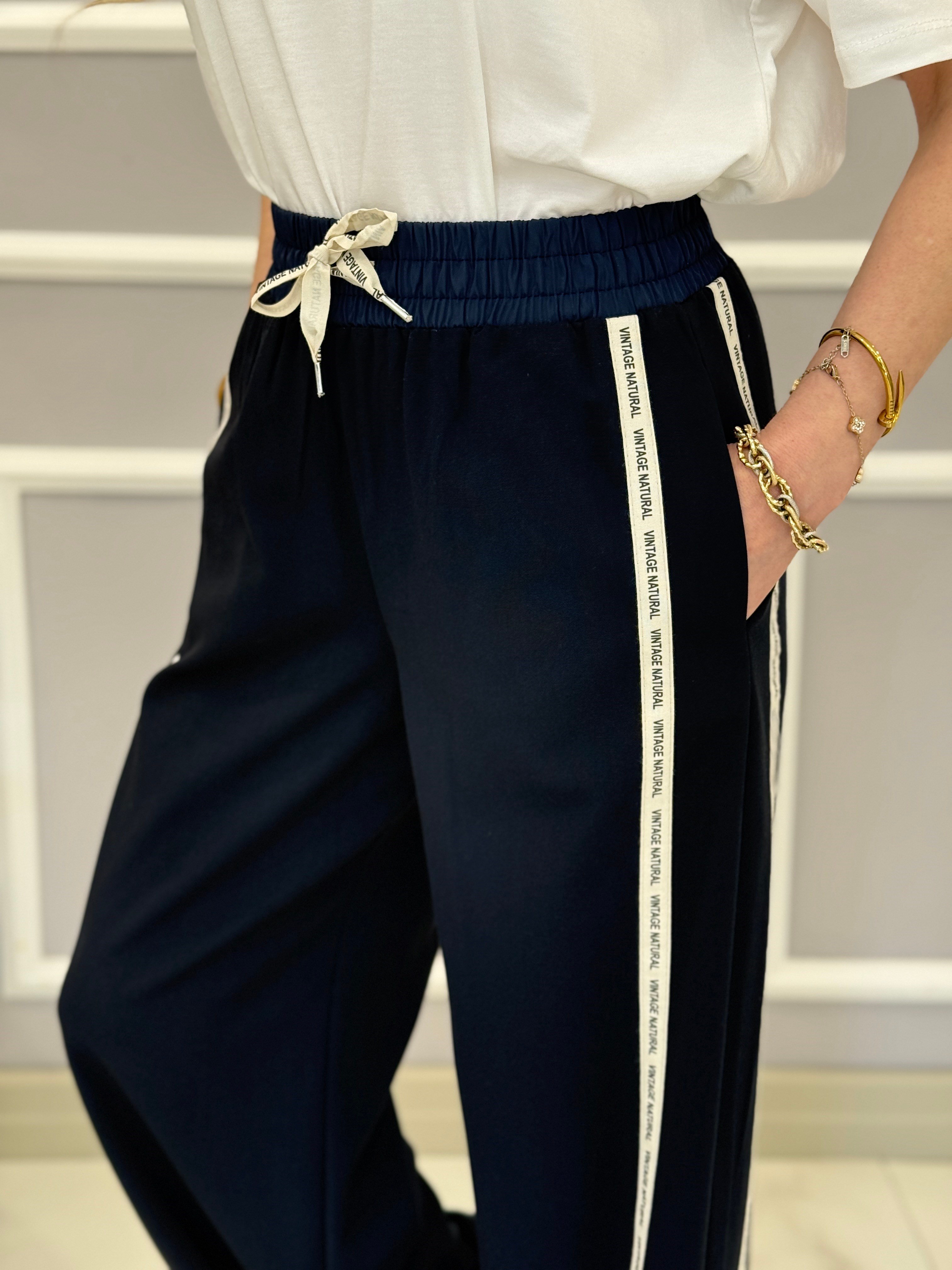 Premium Yan Şeritli Palazzo Lacivert Pantolon 