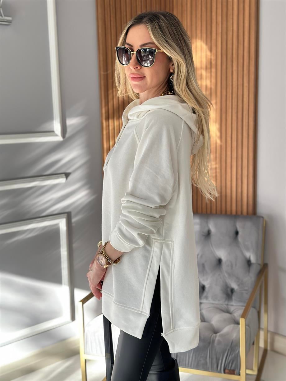 Sweatshirt Basic Oversize Yandan Yırtmaçlı Ekru