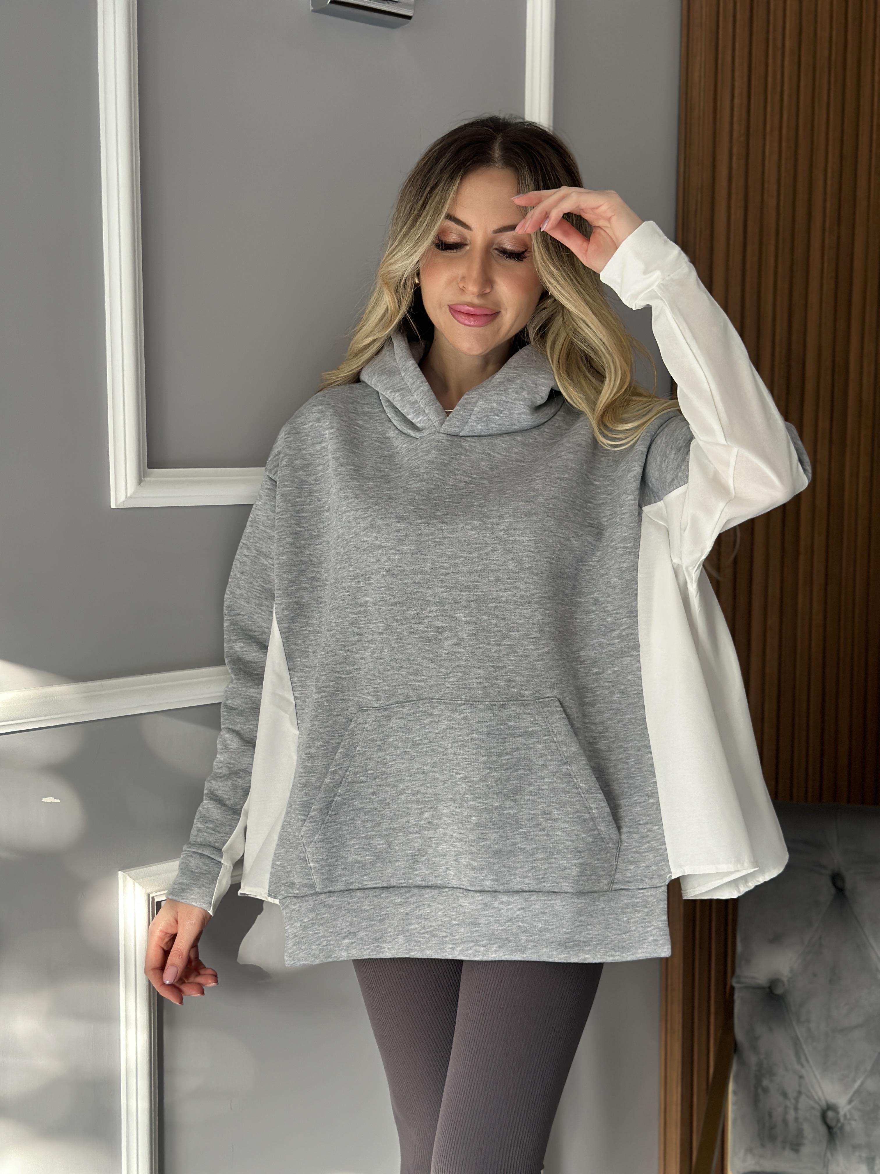 Sweatshirt Gri-Beyaz Gömlek Detaylı