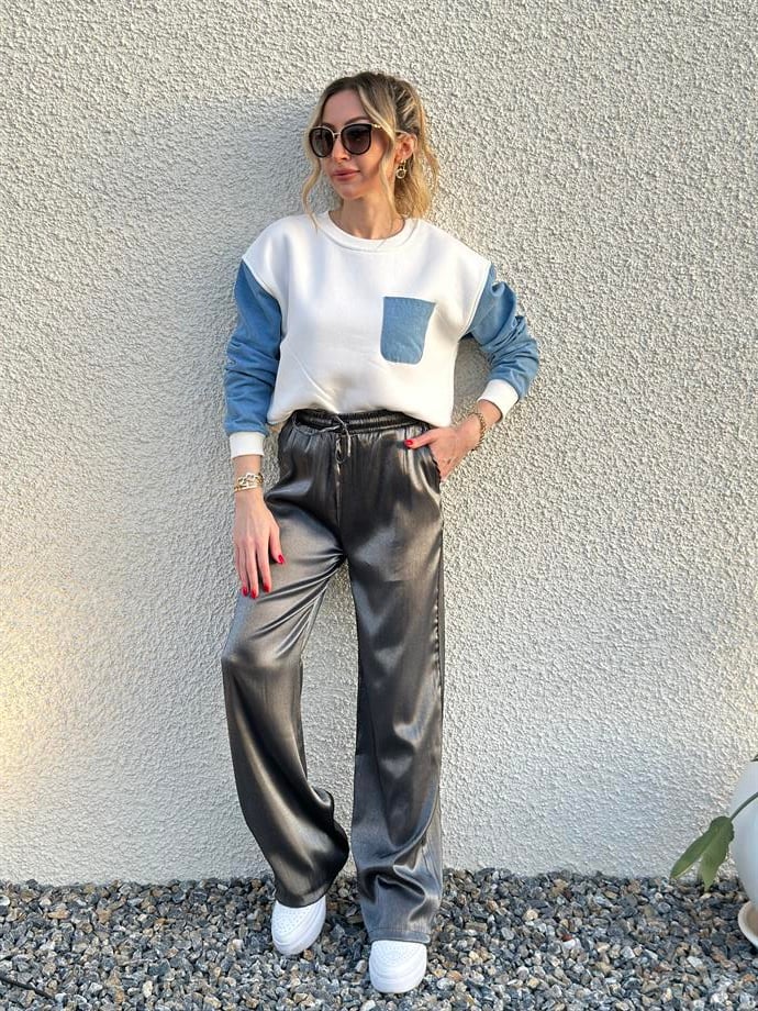 Sweatshirt Kot Detaylı Ekru