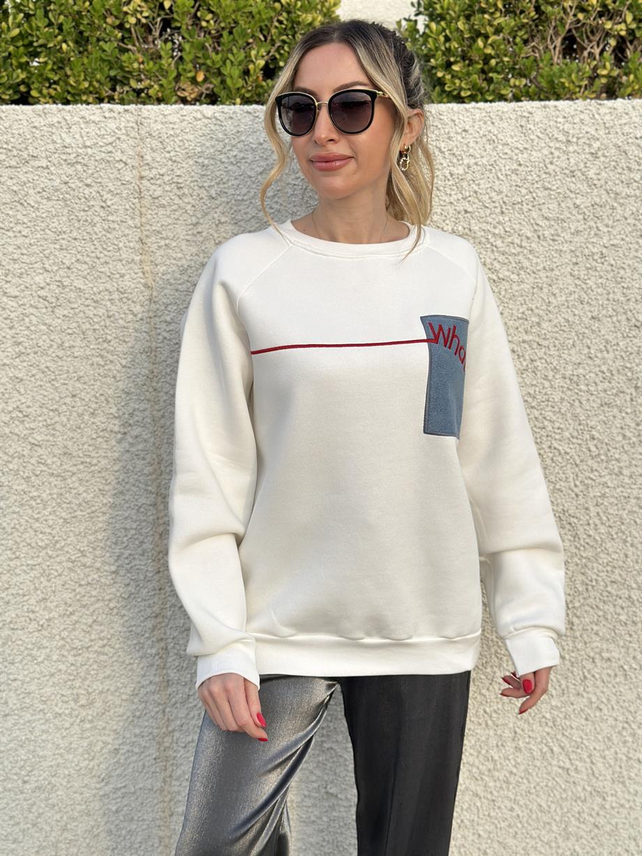 Sweatshirt Kot Yazı Detaylı Ekru