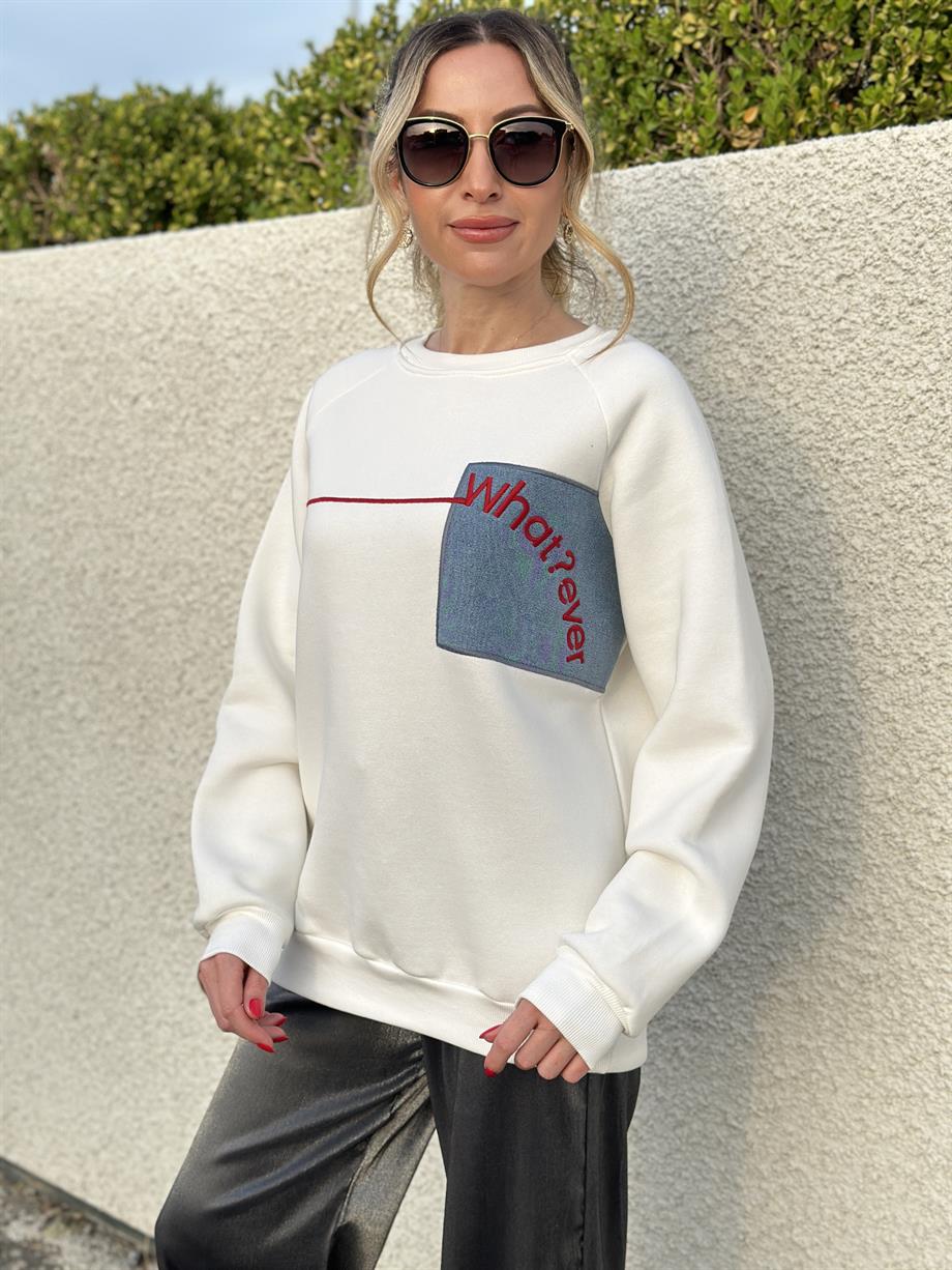 Sweatshirt Kot Yazı Detaylı Ekru