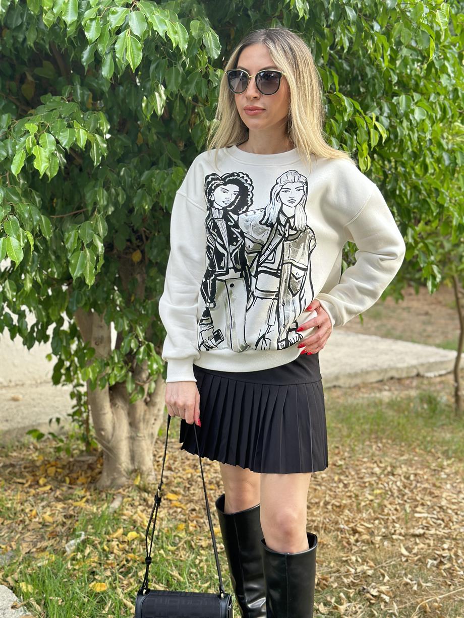 Sweatshirt Taşlı Girls Detaylı Ekru