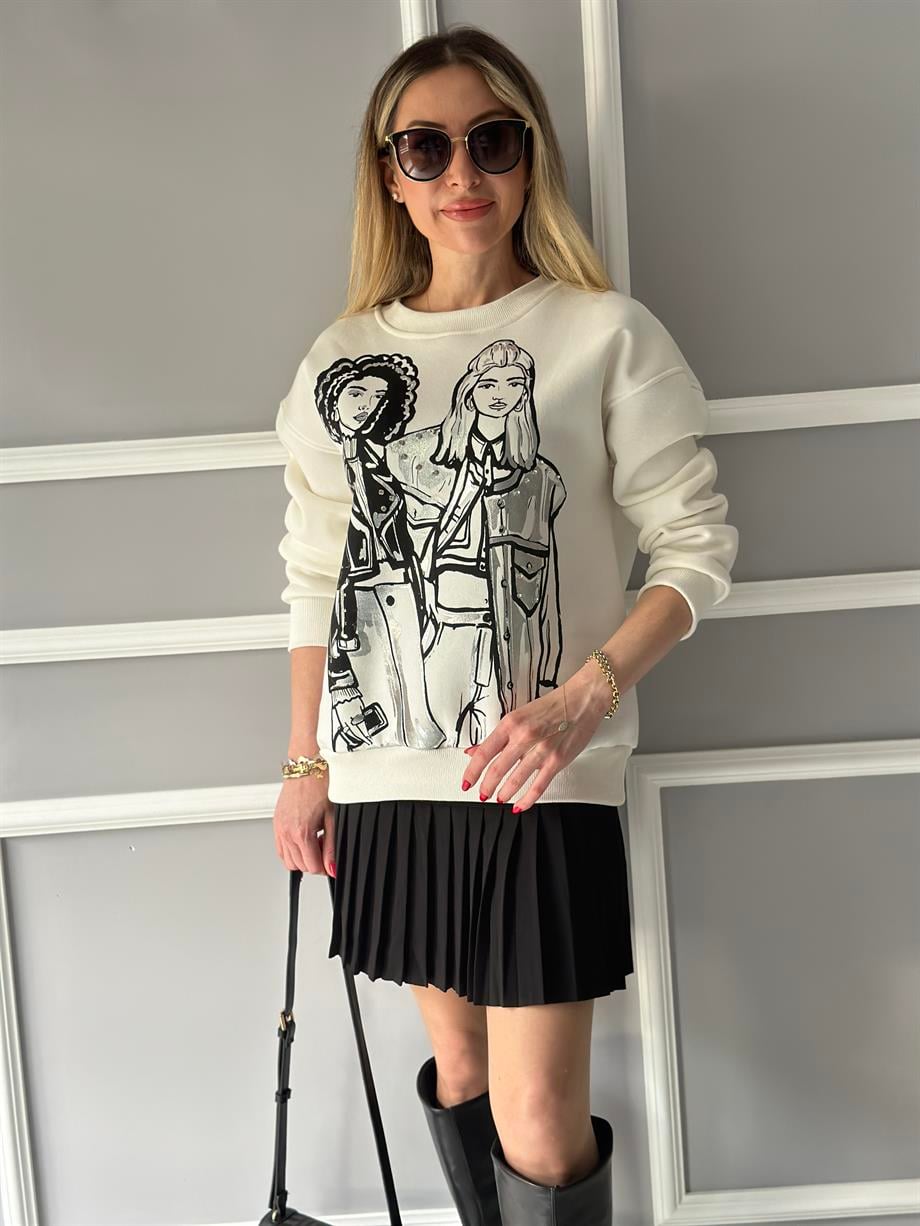 Sweatshirt Taşlı Girls Detaylı Ekru