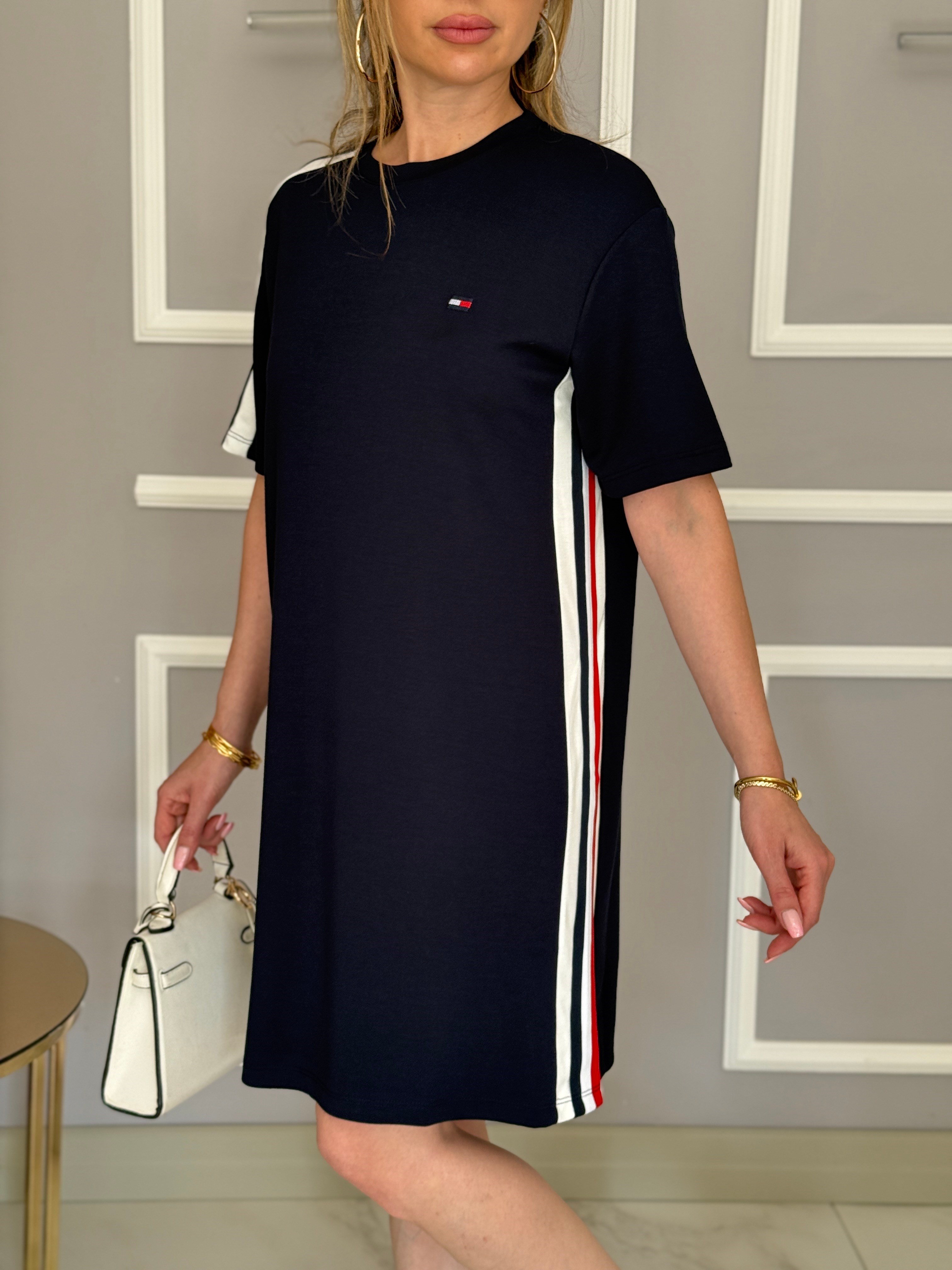 Th Modal Kumaş Şerit Detaylı Boyu 92cm Elbise Lacivert