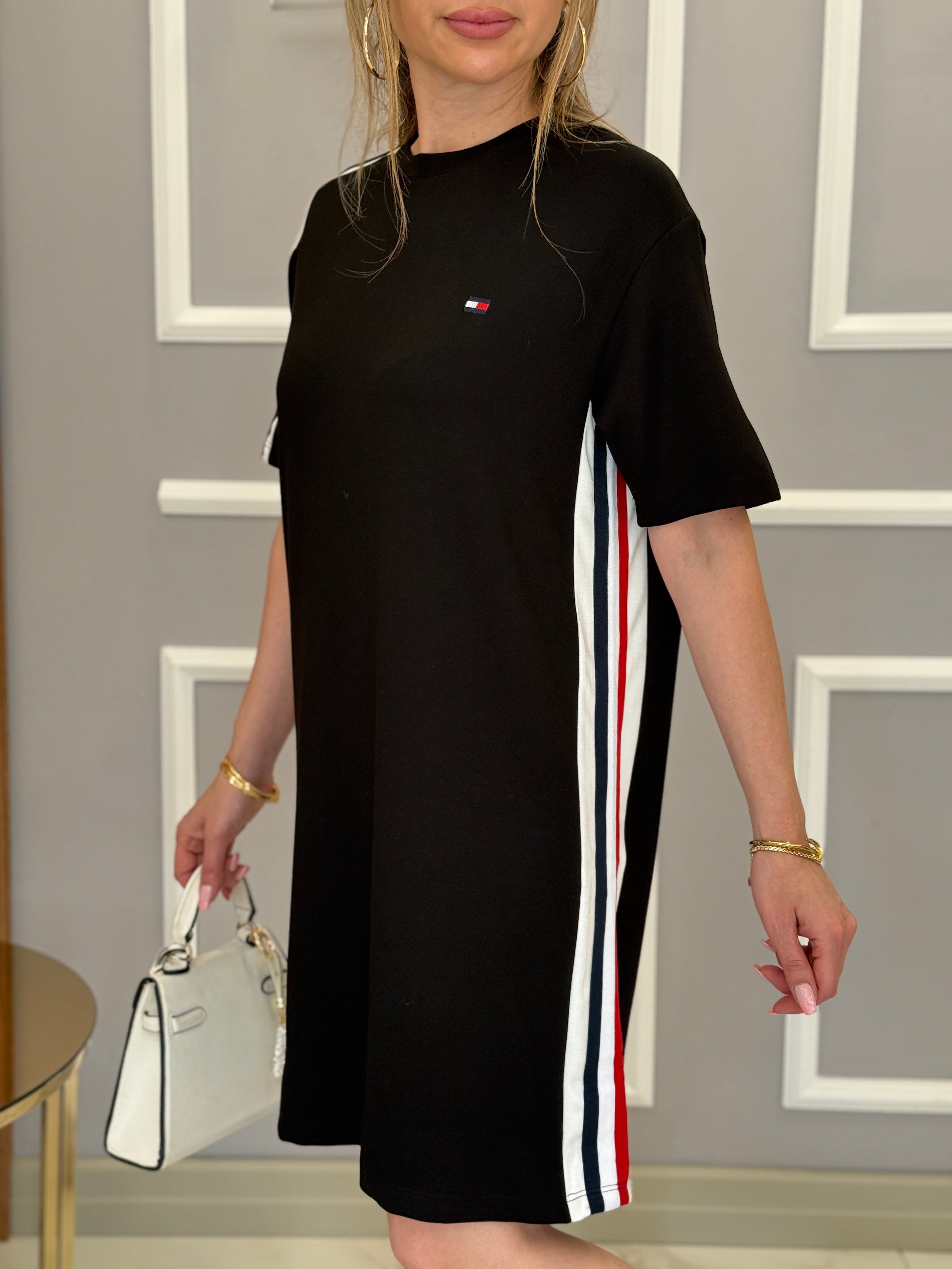 Th Modal Kumaş Şerit Detaylı Boyu 92cm Elbise Siyah