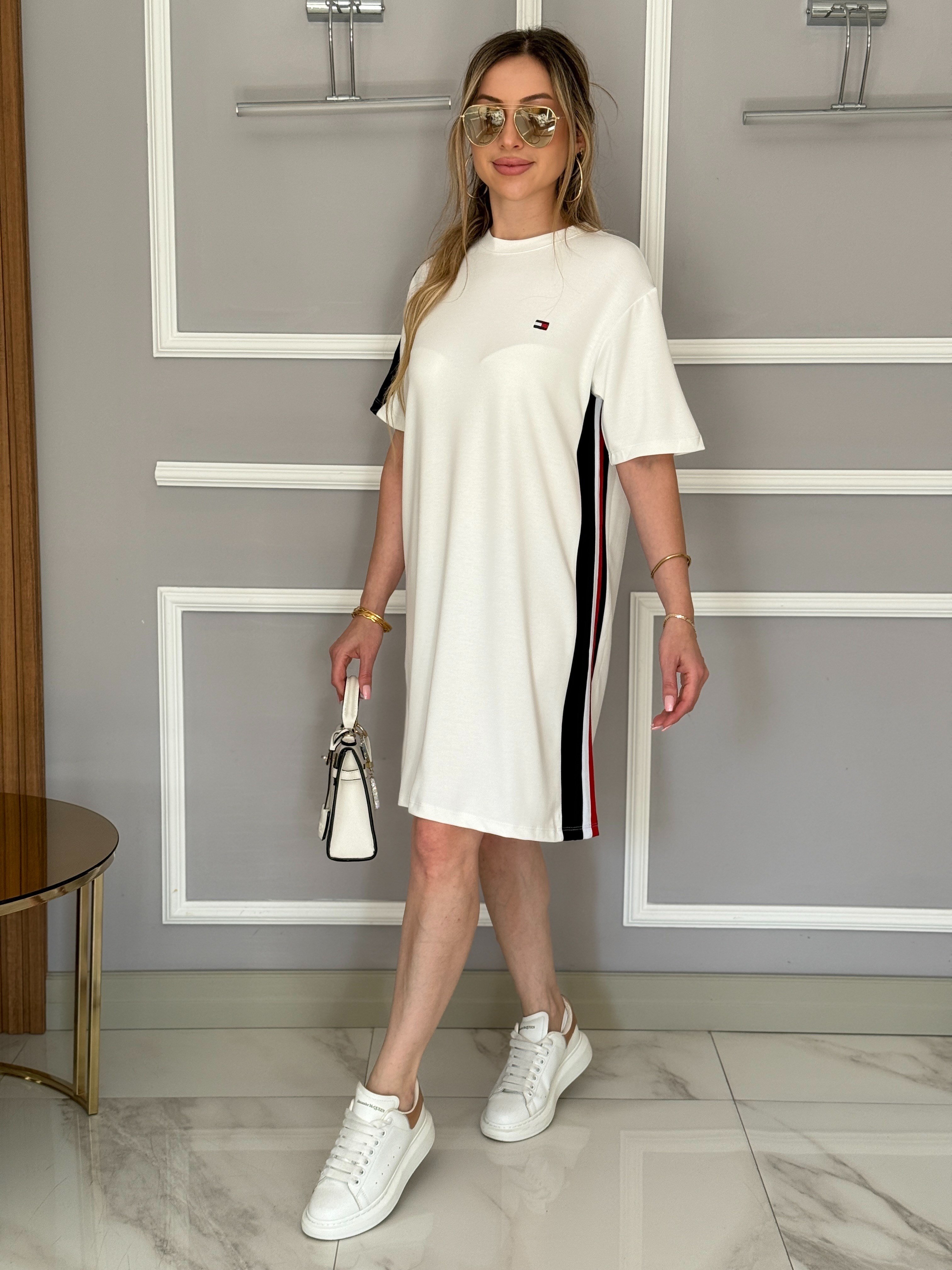 Th Modal Kumaş Şerit Detaylı Boyu 92cm Elbise Beyaz