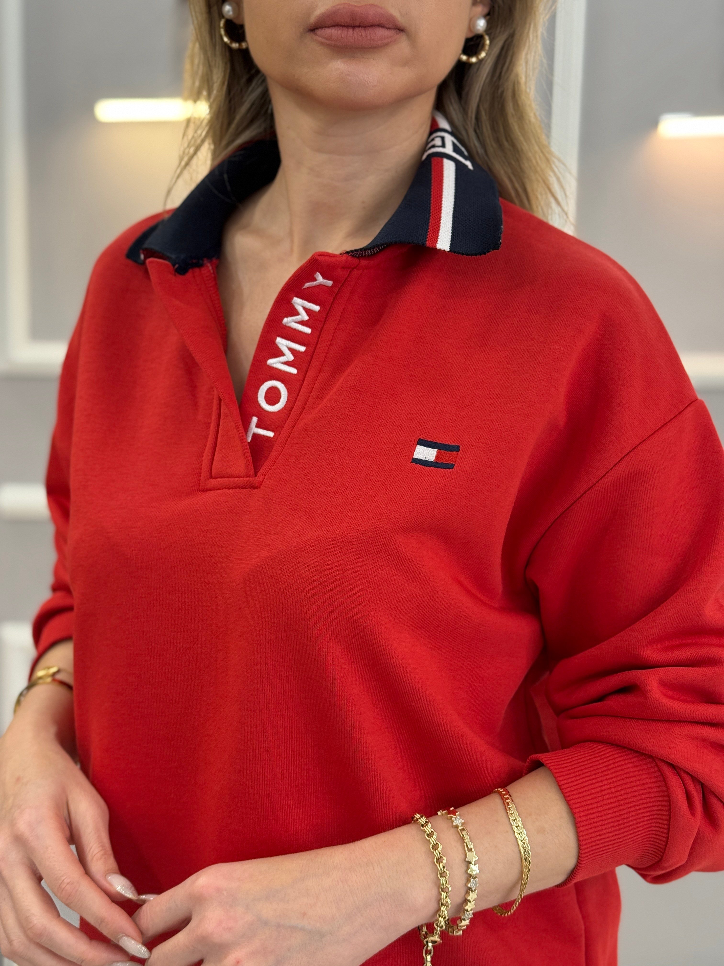 TH Premium Yakası Yazı Detaylı Sweatshirt Kırmızı
