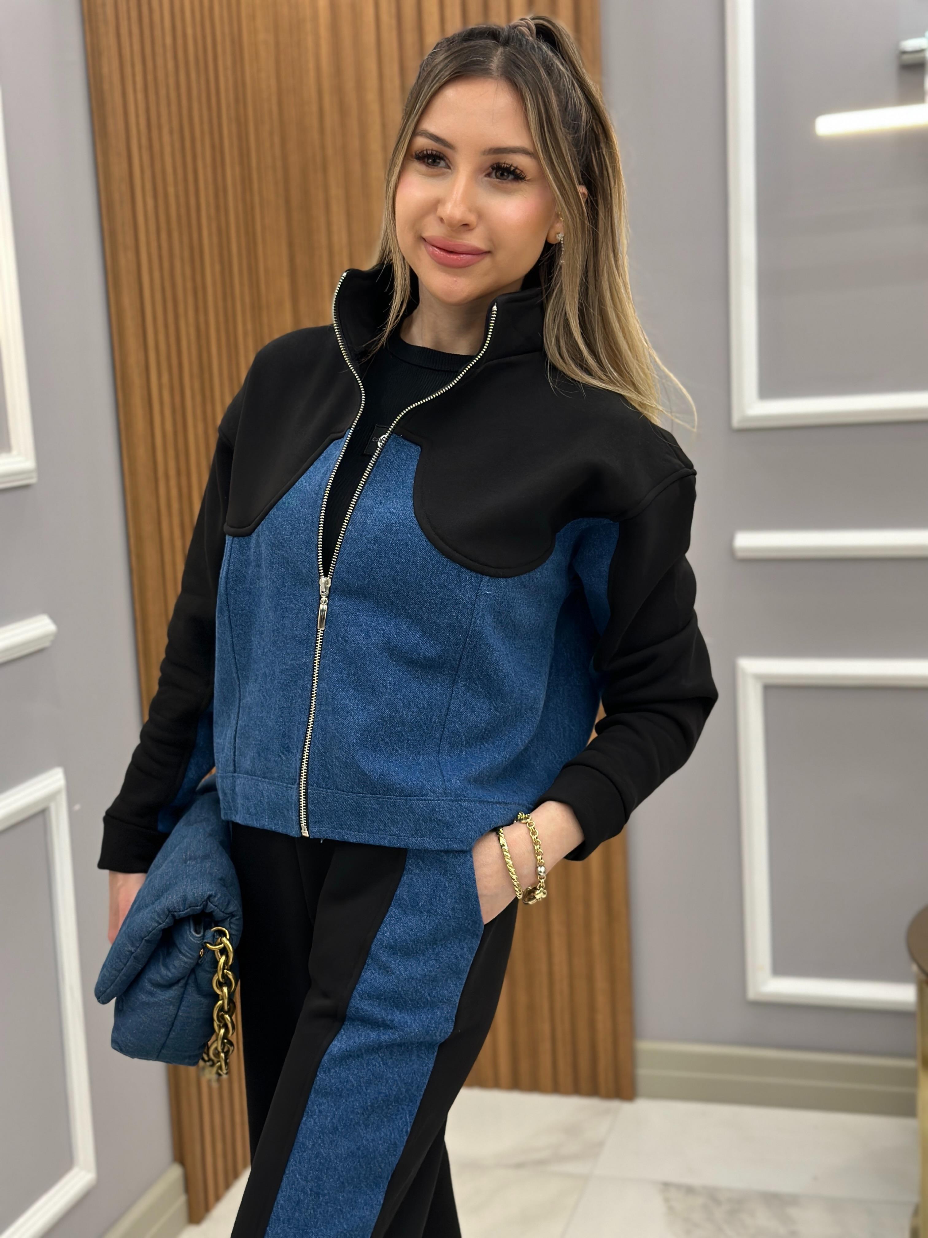 Tw Eşofman Takımı Kot Detaylı Fermuarlı Siyah Kot Mix
