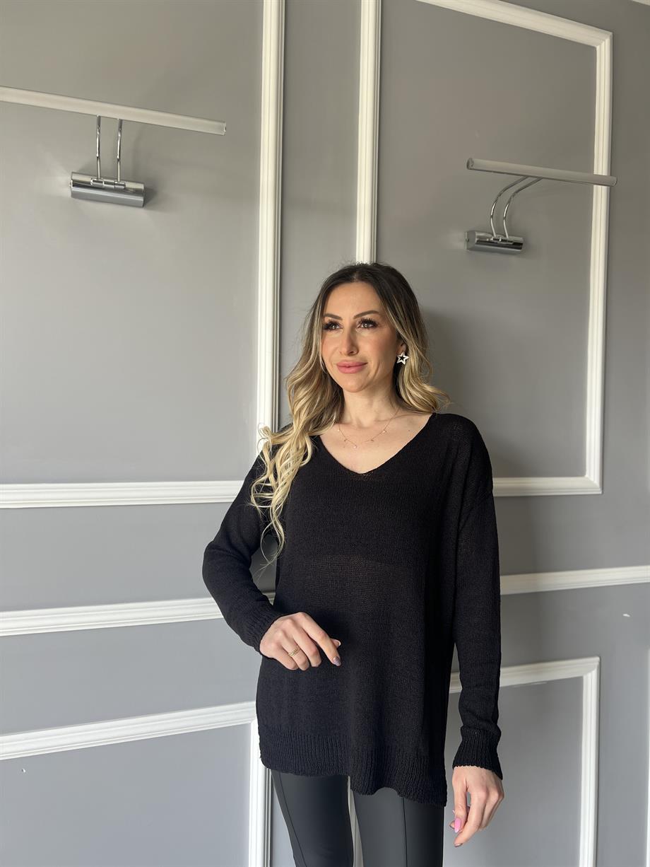 V Yaka Salaş Ajurlu Triko Siyah