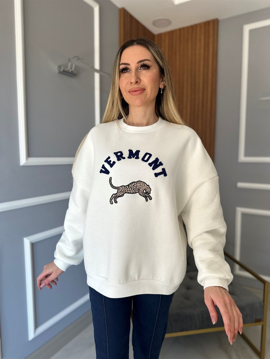 Vermont Baskılı Sweatshirt Krem 