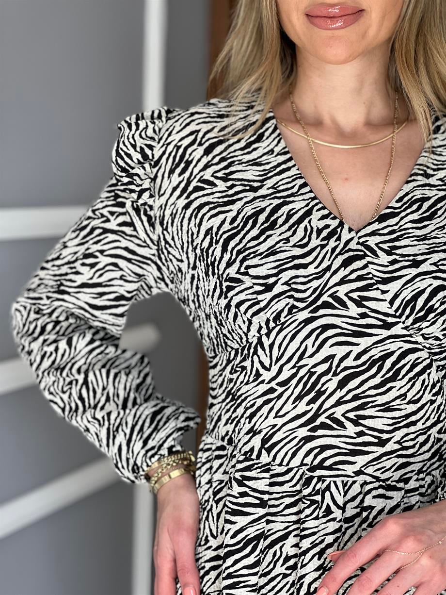 Zebra Desenli Elbise Siyah 