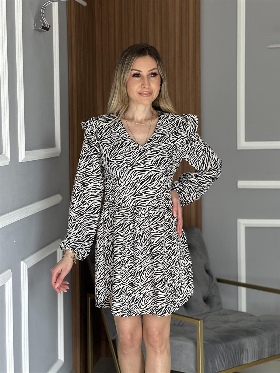 Zebra Desenli Elbise Siyah 
