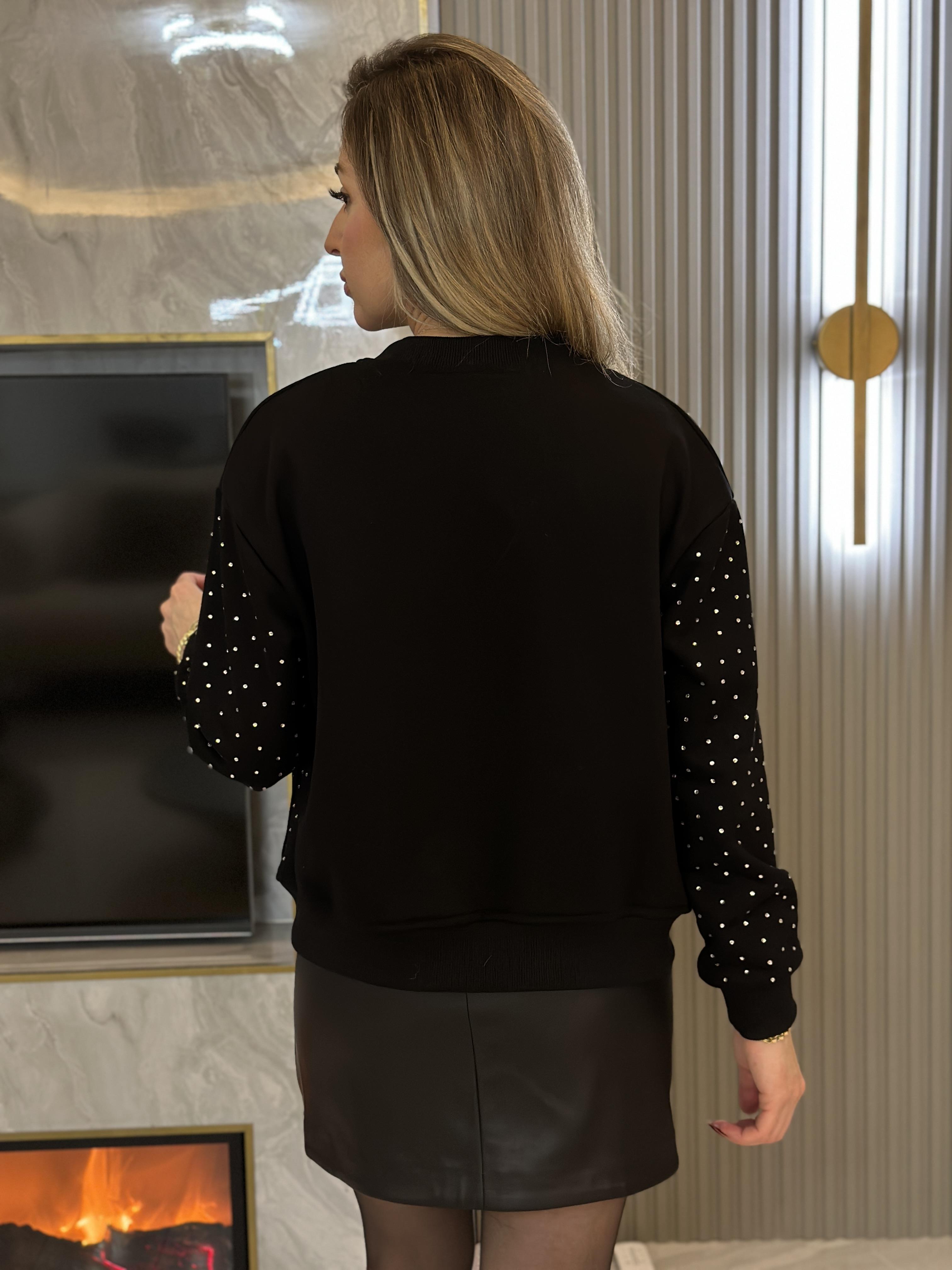 Zr Sweat Ceket Serpme Taşlı Siyah