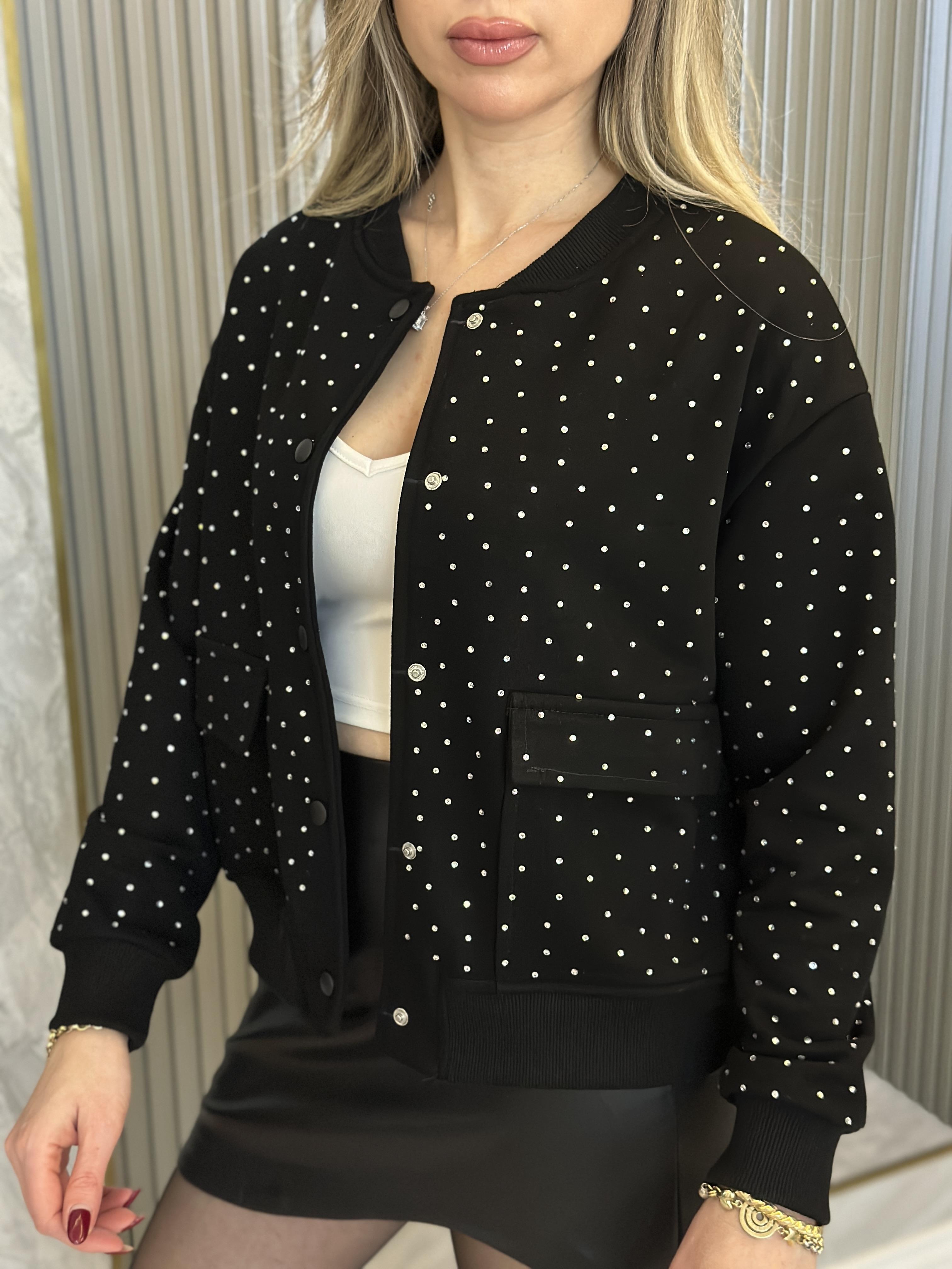 Zr Sweat Ceket Serpme Taşlı Siyah