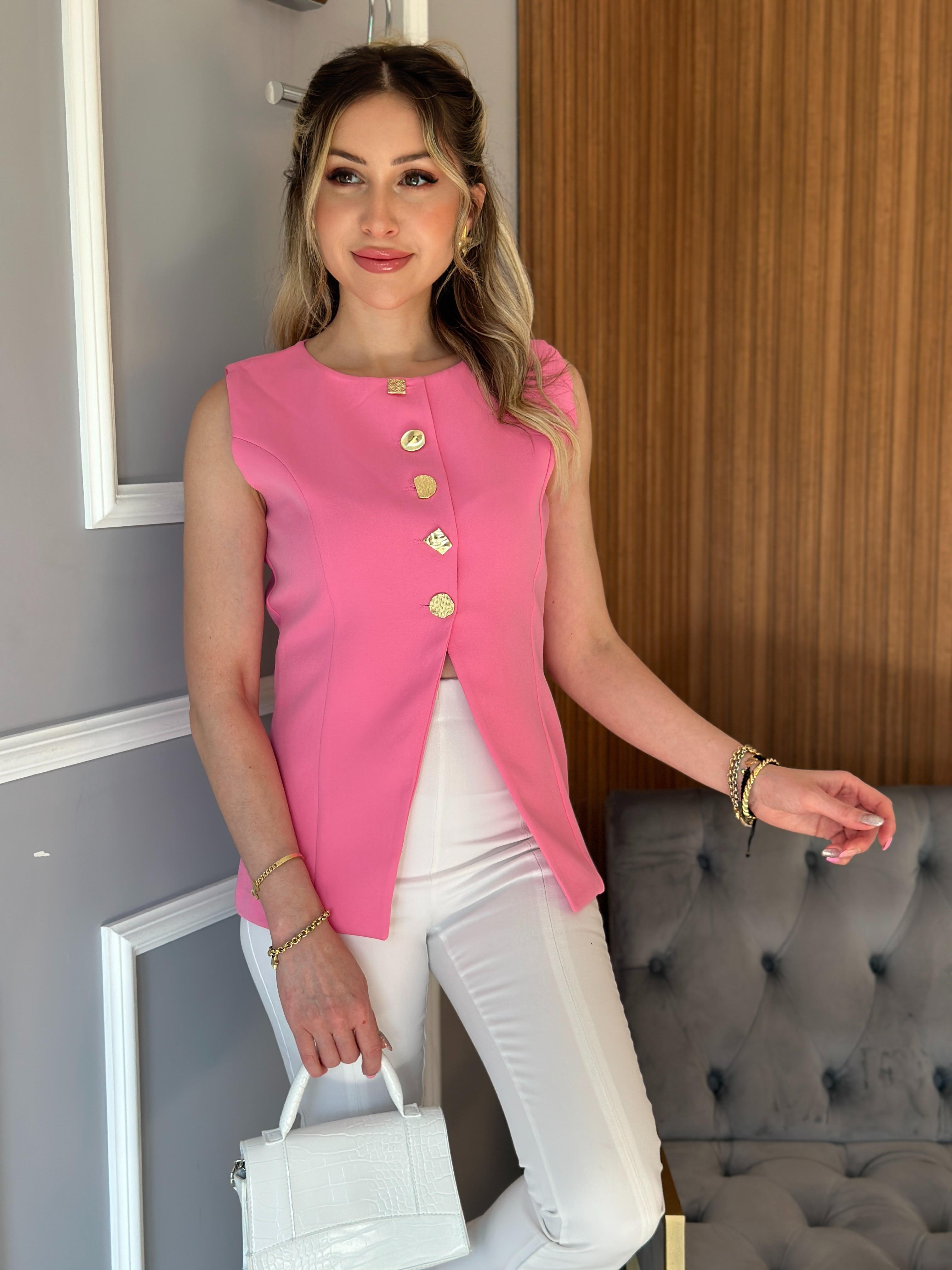 Zr Yelek Gold Düğmeli İçi Astarlı Pembe