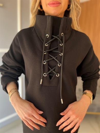 Kuş Gözü Bağcıklı Sweatshirt Siyah
