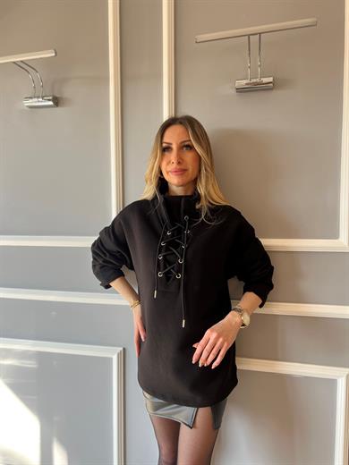 Kuş Gözü Bağcıklı Sweatshirt Siyah