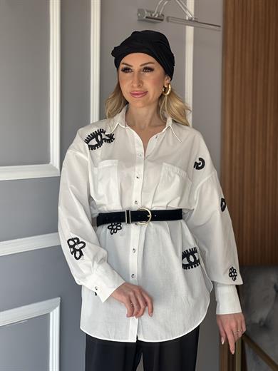 Baskı Detaylı Gömlek Beyaz